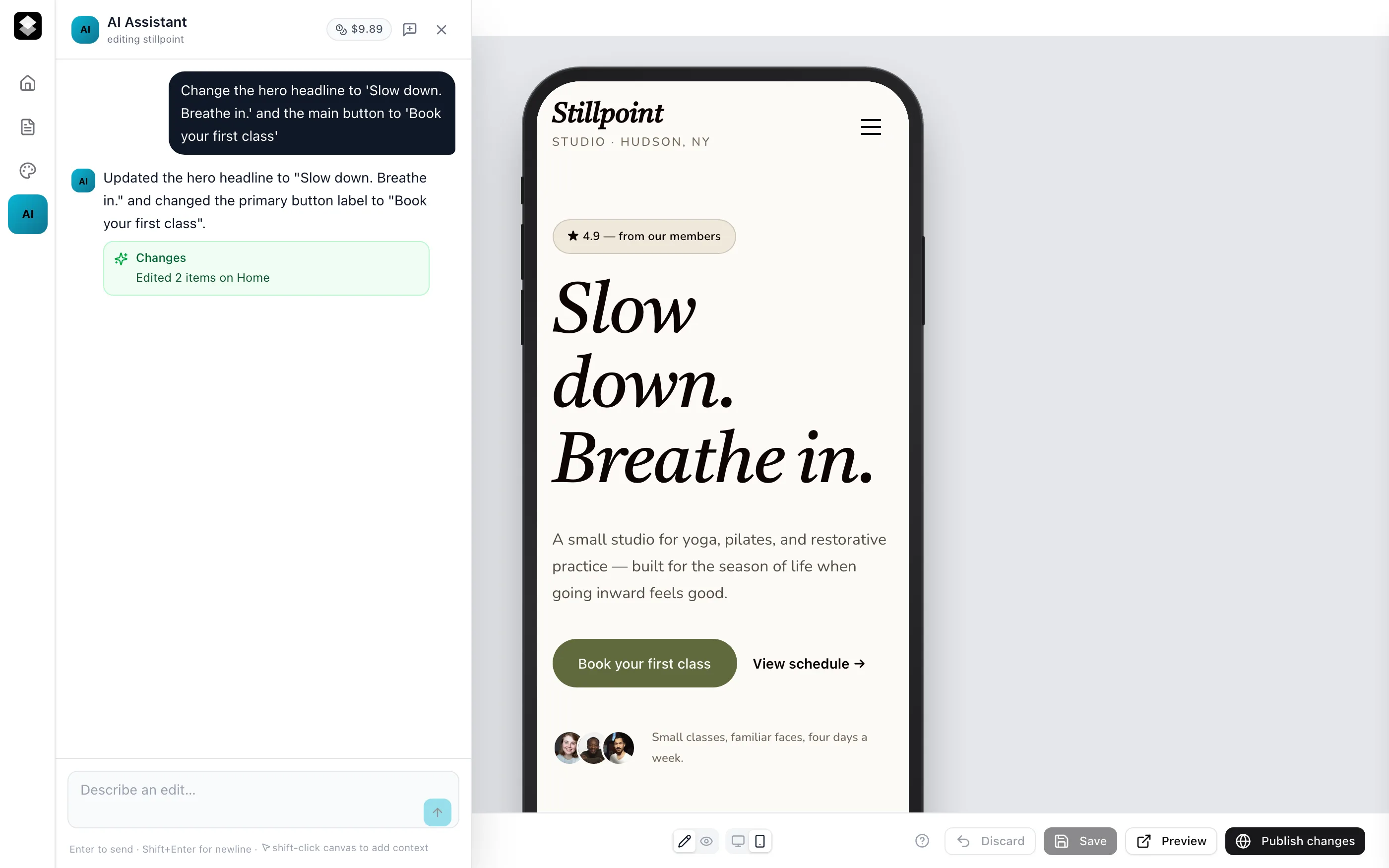 The Sitelas editor's AI chat: an instruction sent, and the page changed to match