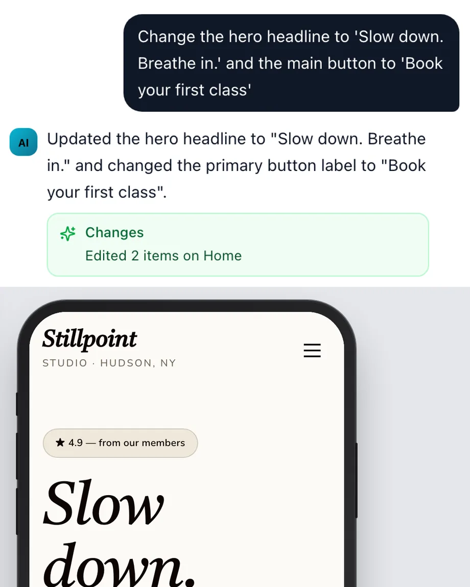 The Sitelas editor's AI chat: an instruction sent, and the page changed to match
