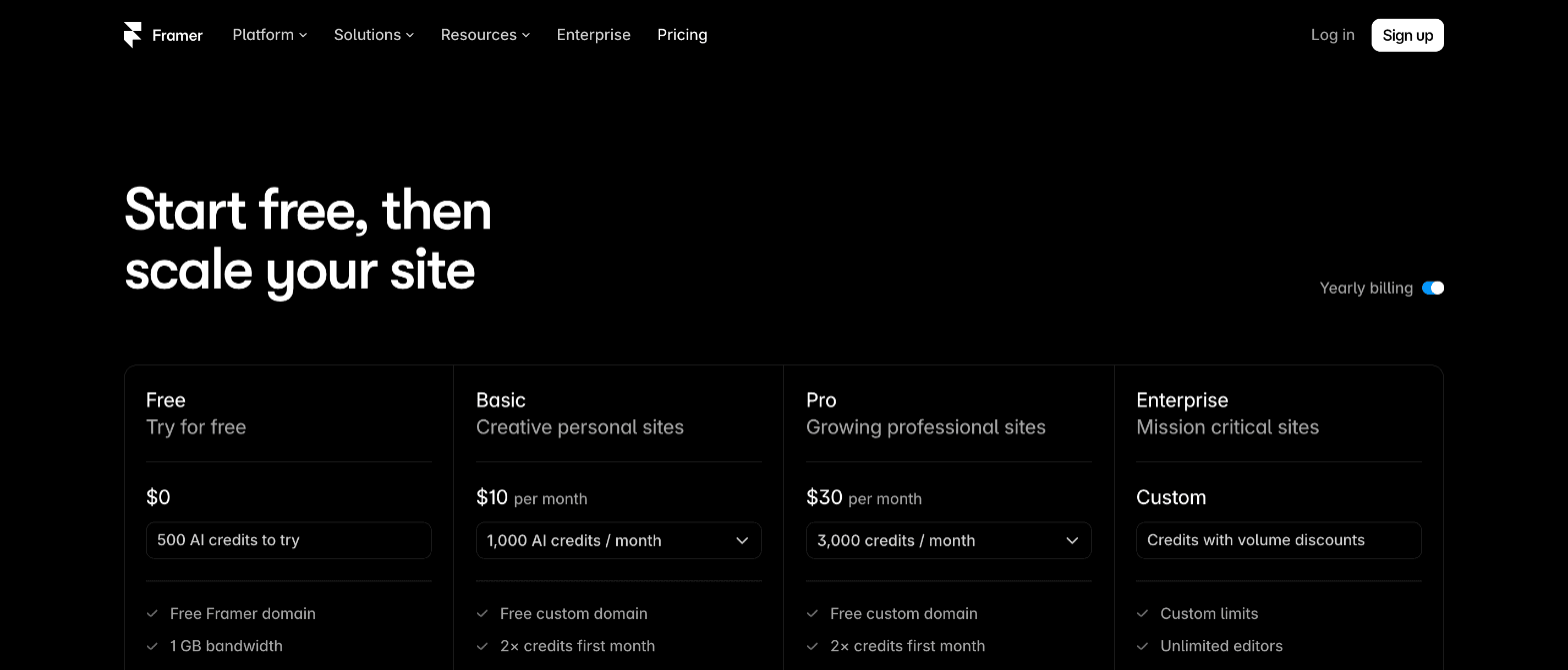 Framer's pricing page, "Start free, then scale your site": Free at $0, Basic at $10 a month, Pro at $30 a month, and custom Enterprise pricing.
