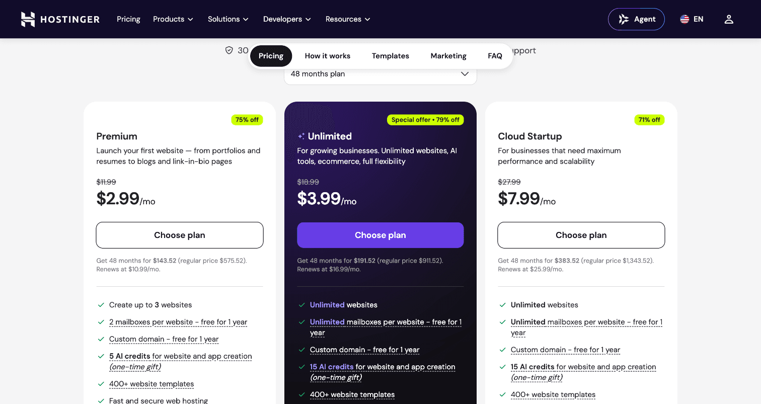 Hostinger's website builder plans on a 48-month term: Premium at $2.99 a month, Unlimited at $3.99 and Cloud Startup at $7.99, with the 48-month totals and renewal prices underneath.