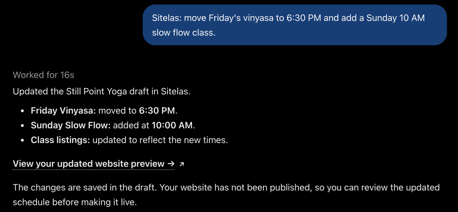 A ChatGPT chat: the owner asks Sitelas to move Friday's vinyasa class to 6:30 PM and add a Sunday 10 AM slow flow class, and ChatGPT confirms both changes after 16 seconds, with a link to the updated preview.