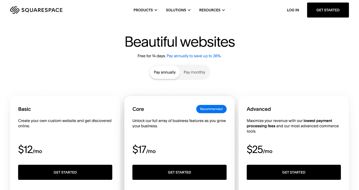 Squarespace's pricing page, headed "Beautiful websites": free for 14 days, then Basic at $12 a month, Core at $17 and Advanced at $25, paid annually.