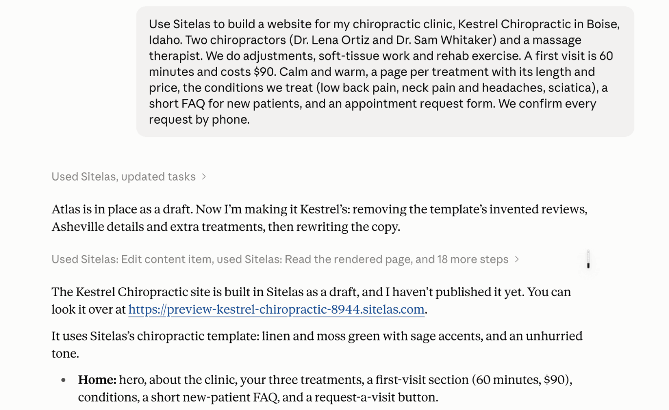 A claude.ai chat: the clinic description, then Claude saying the Atlas template is in place, and that the Kestrel Chiropractic site is built as a draft with a private preview link