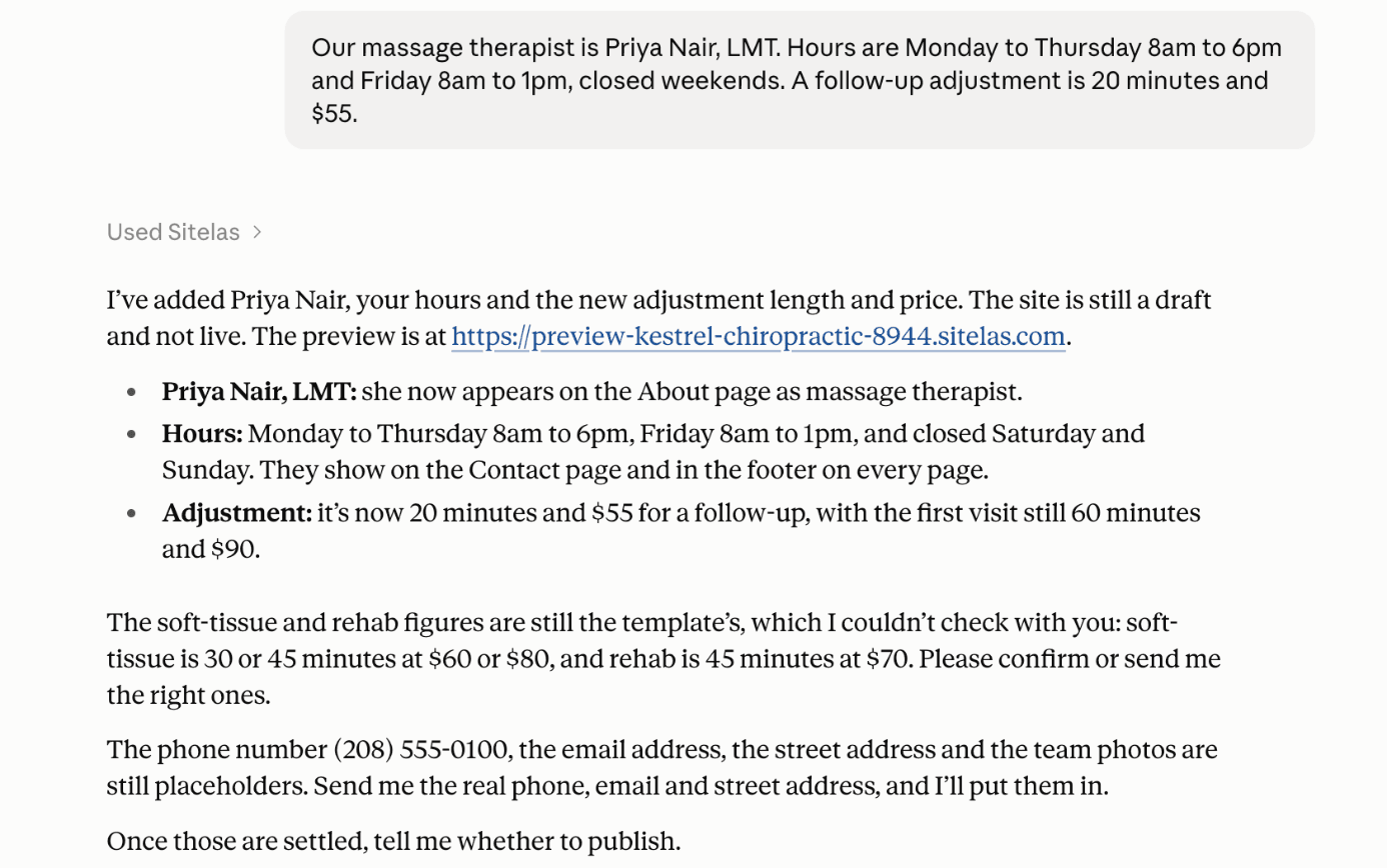 A claude.ai chat: the message "Our massage therapist is Priya Nair, LMT. Hours are Monday to Thursday 8am to 6pm and Friday 8am to 1pm, closed weekends. A follow-up adjustment is 20 minutes and $55." and Claude's reply listing each change, with the preview link
