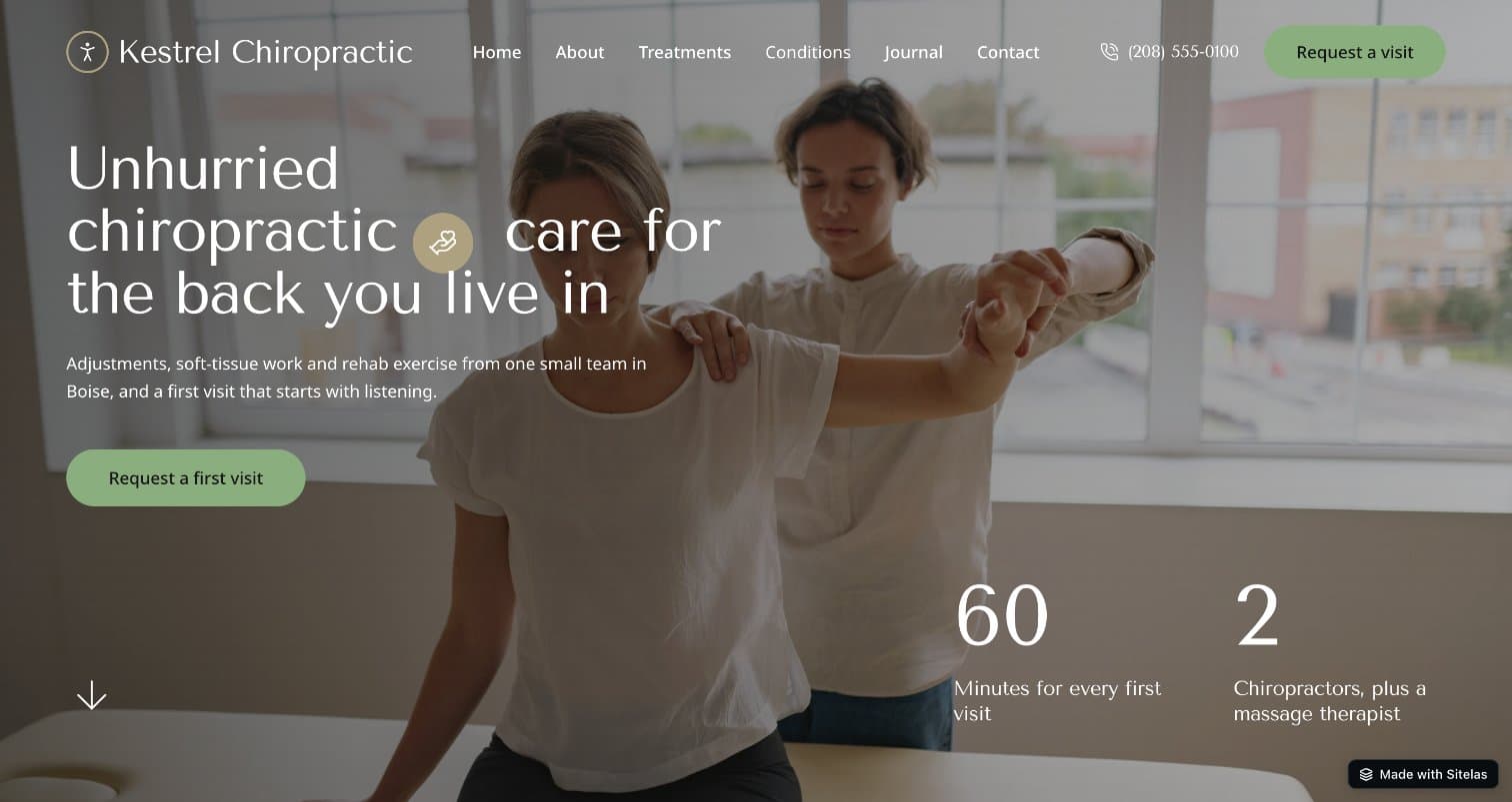 The home page of Kestrel Chiropractic, a demo clinic site: the headline "Unhurried chiropractic care for the back you live in", a Request a first visit button, the phone number in the menu, and "60 minutes for every first visit"
