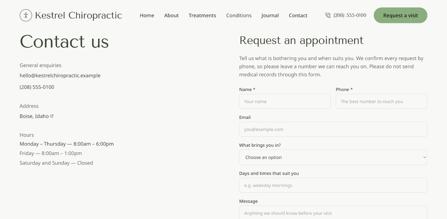 The Kestrel contact page: email, phone, address and hours on the left, and a Request an appointment form on the right with name, phone, email, a What brings you in menu and a Days and times that suit you field