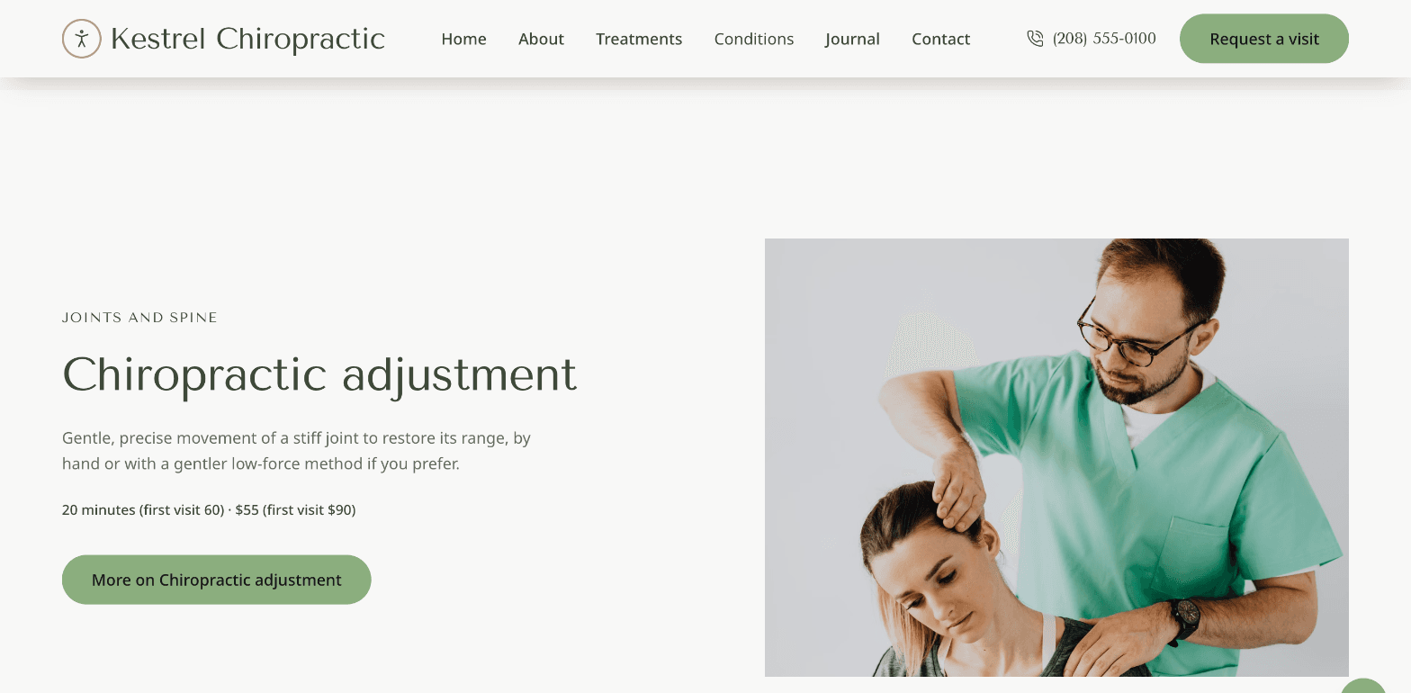 The Chiropractic adjustment section of the Kestrel treatments page: a short description, "20 minutes (first visit 60) · $55 (first visit $90)", and a More on Chiropractic adjustment button