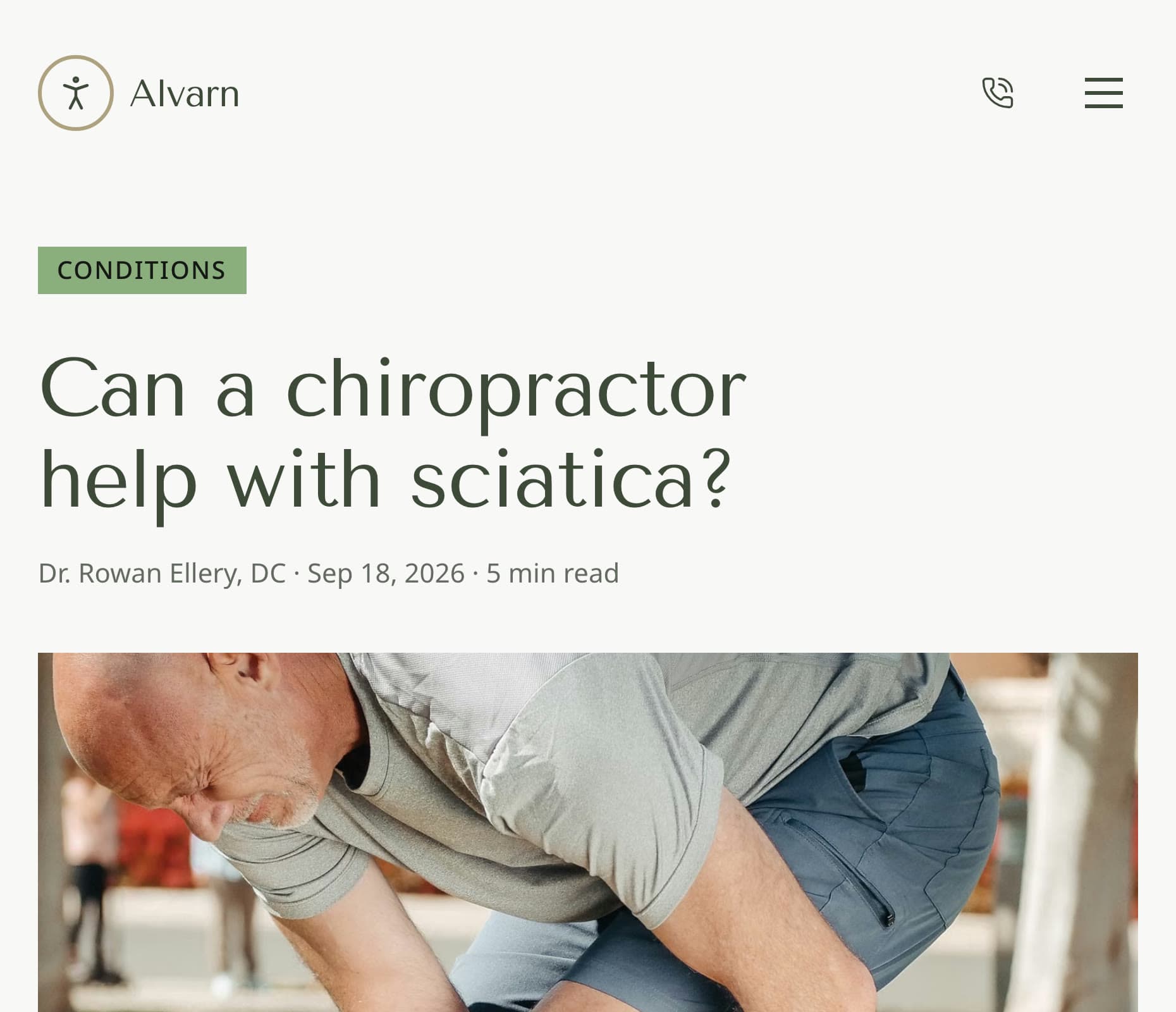 A chiropractic practice's website article titled "Can a chiropractor help with sciatica?", with the author's name and DC credential under the title, shown on a phone-width screen