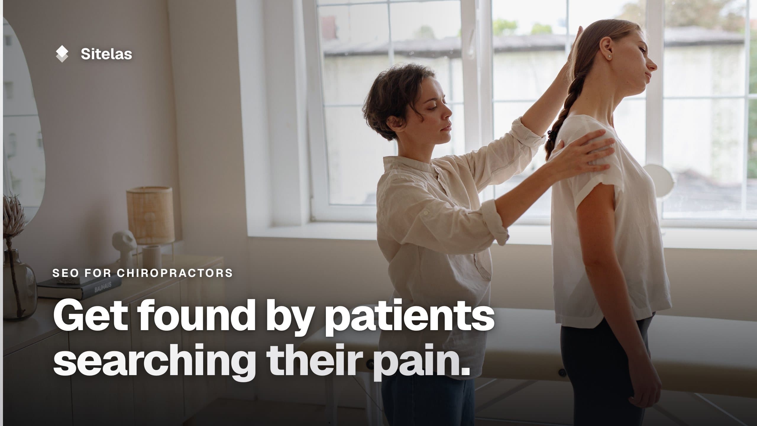 Cover: a chiropractor adjusting a patient's posture in a bright clinic room, with the headline "Get found by patients searching their pain."