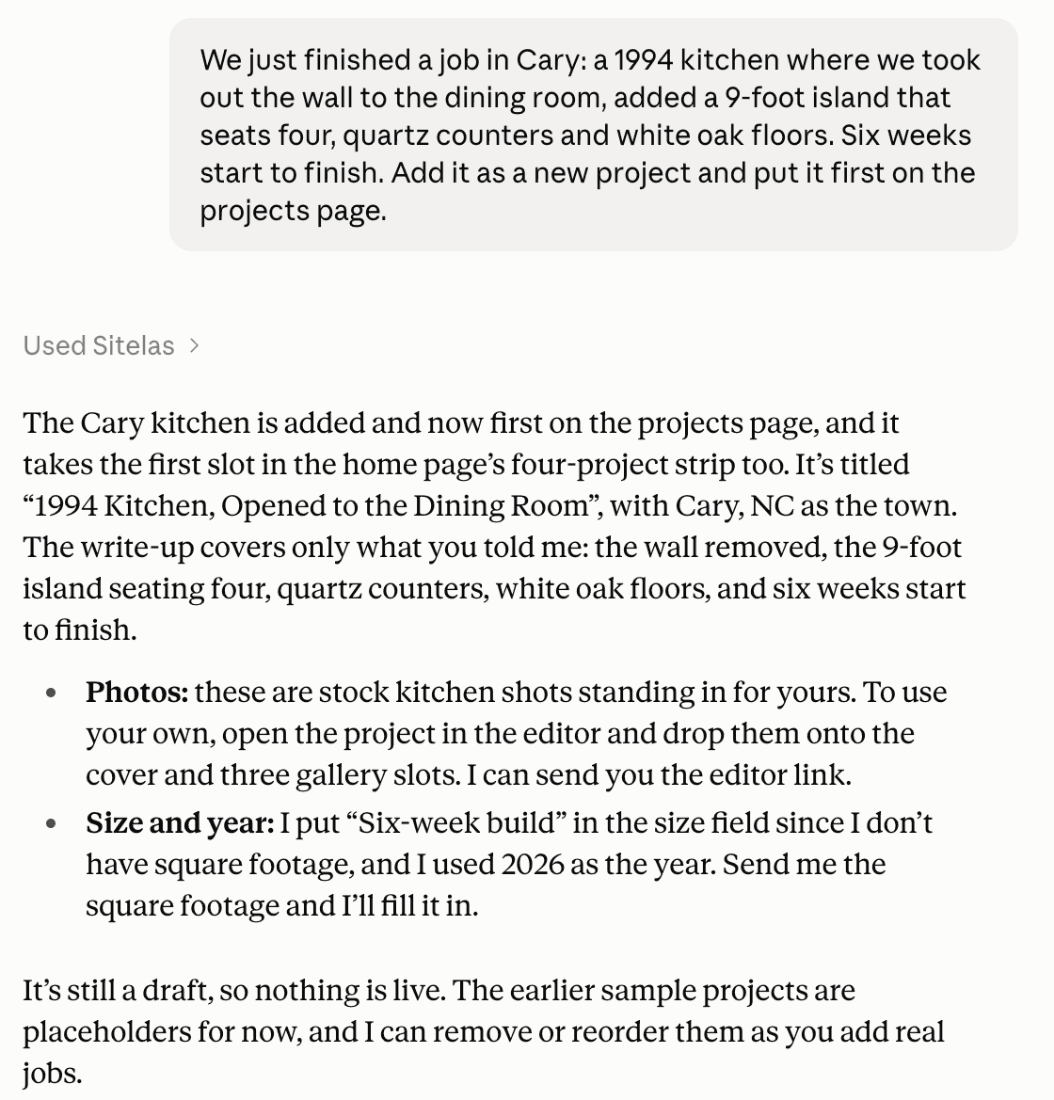 A claude.ai chat: the owner describes a finished 1994 kitchen in Cary with the wall to the dining room removed, a 9-foot island, quartz counters and white oak floors, and asks for a new project. Claude replies that the project is added first on the projects page, says the photos are stock stand-ins, and notes the site is still a draft