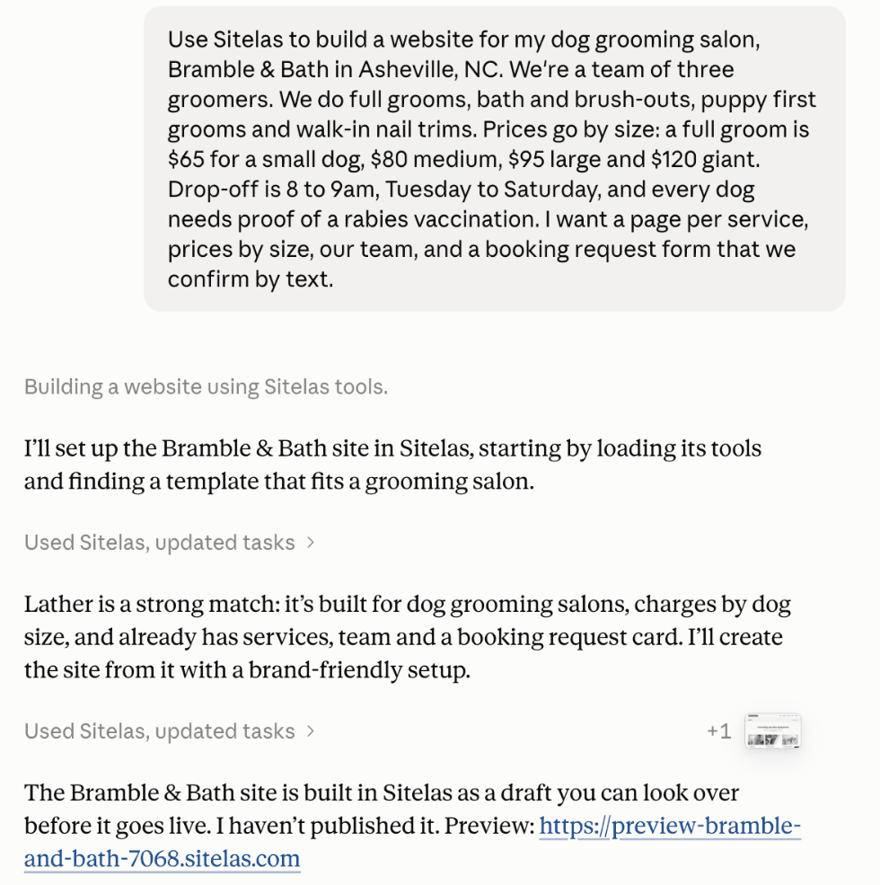 A claude.ai chat: the salon description, then Claude saying Lather fits a grooming salon, then that the Bramble & Bath site is built as a draft, not published, with a private preview link