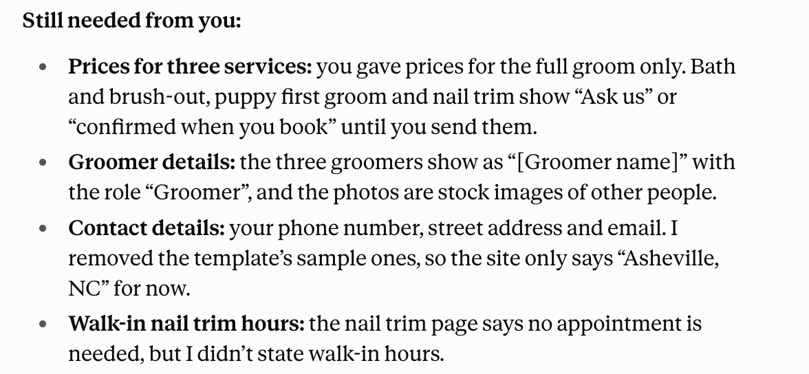 Claude's list headed "Still needed from you": prices for three services, the groomers' names and photos, the phone number and address, and walk-in hours for nail trims