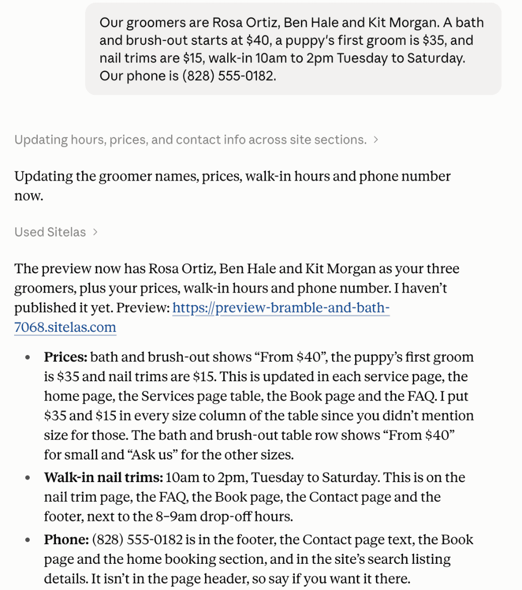 A claude.ai chat: the message with the groomers' names, the bath, puppy and nail trim prices, walk-in hours and phone number, and Claude's reply listing every page it updated