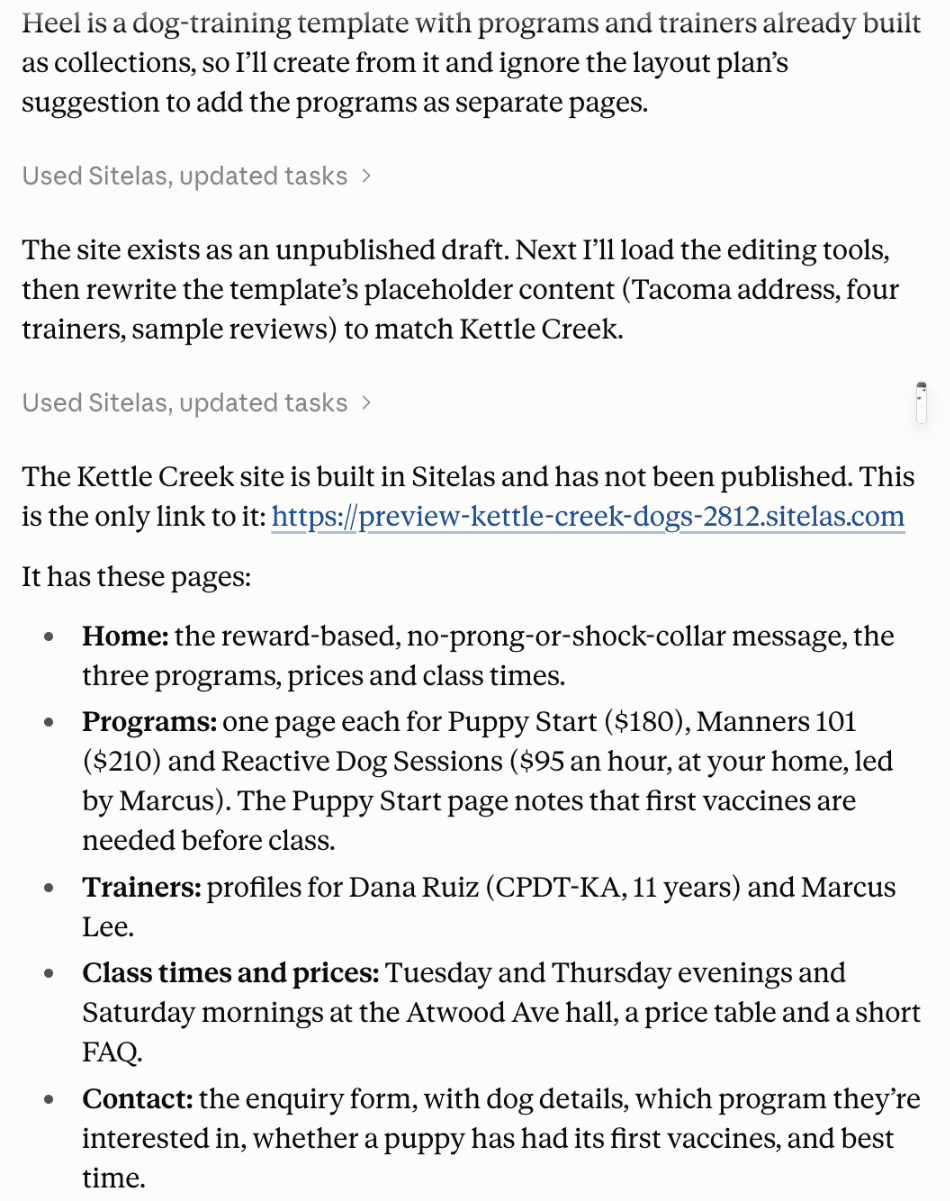 A claude.ai chat: Claude says Heel is a dog training template with programs and trainers built in, then that the Kettle Creek site is built and not published, with one private link, and lists the pages: home, a page per program with prices, trainers, class times and prices, and an enquiry form