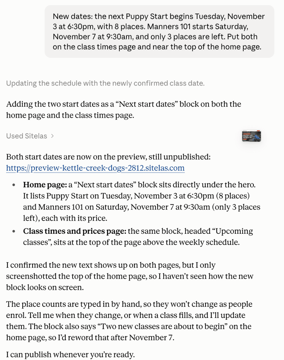 A claude.ai chat: the message with the next Puppy Start date, Tuesday November 3 at 6:30pm with 8 places, and Manners 101 on Saturday November 7 at 9:30am with 3 places left. Claude replies that both dates are on the home page and the class times page, still unpublished, and that the place counts won't change by themselves