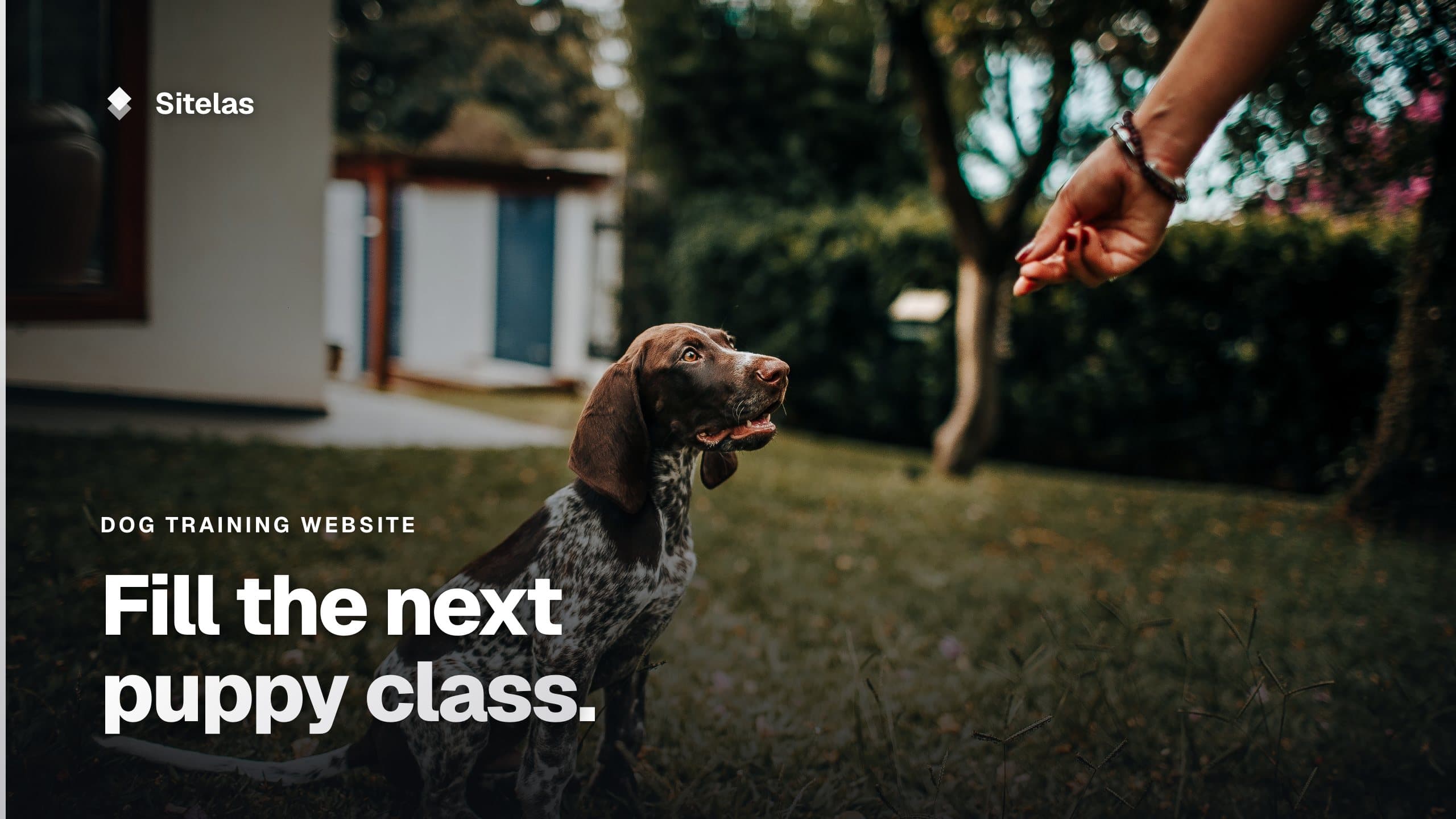 Cover: a puppy sitting on grass looking up at a hand offering a treat, with the headline "Fill the next puppy class."
