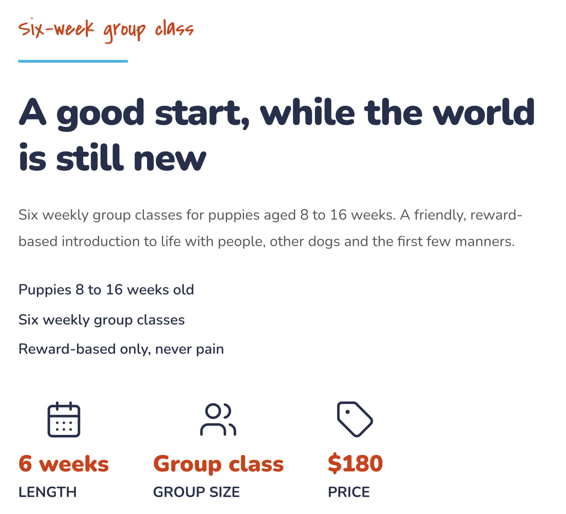 The Puppy Start program page on a phone: "A good start, while the world is still new", six weekly group classes for puppies aged 8 to 16 weeks, and 6 weeks, group class and $180 shown as three facts