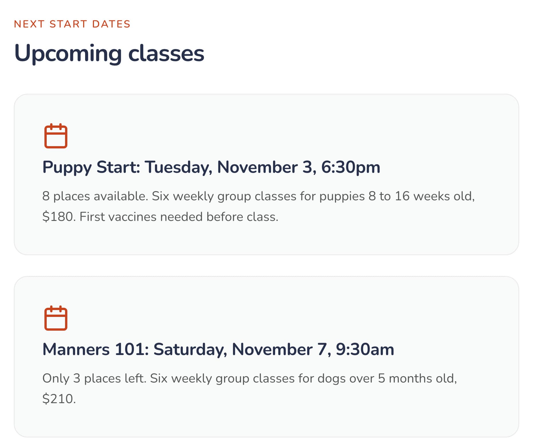 An Upcoming classes block on a phone: Puppy Start, Tuesday November 3, 6:30pm, 8 places available, $180; Manners 101, Saturday November 7, 9:30am, only 3 places left, $210