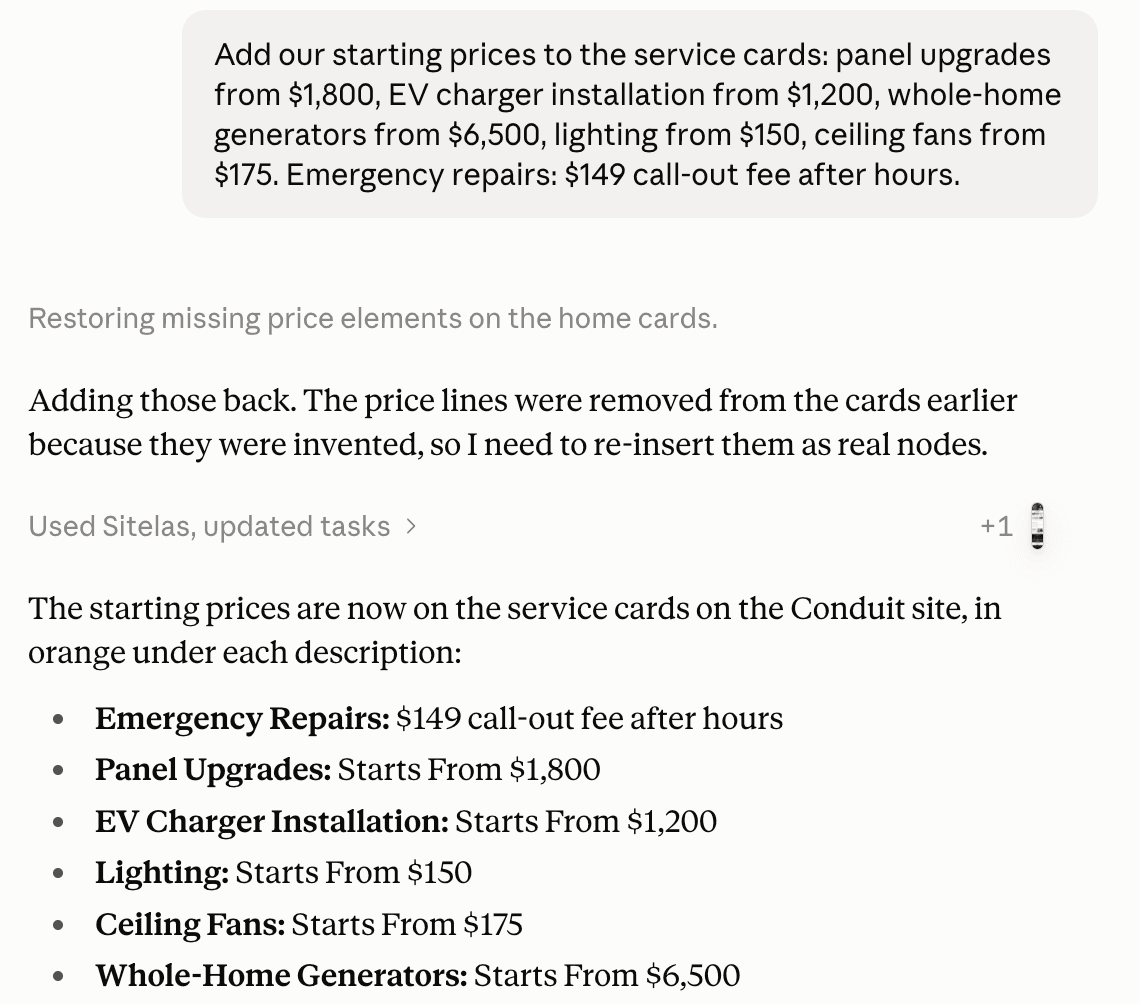 A claude.ai chat: the owner lists starting prices: panel upgrades from $1,800, EV chargers from $1,200, generators from $6,500, lighting from $150, ceiling fans from $175, and a $149 after-hours call-out fee. Claude replies that the prices are now on each service card