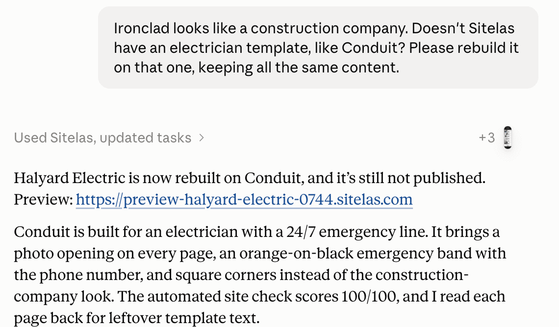 A claude.ai chat: the owner says Ironclad looks like a construction company and asks Claude to rebuild on the electrician template, Conduit, keeping the same content. Claude replies that Halyard Electric is rebuilt on Conduit and still not published, with an orange-on-black emergency band and the phone number