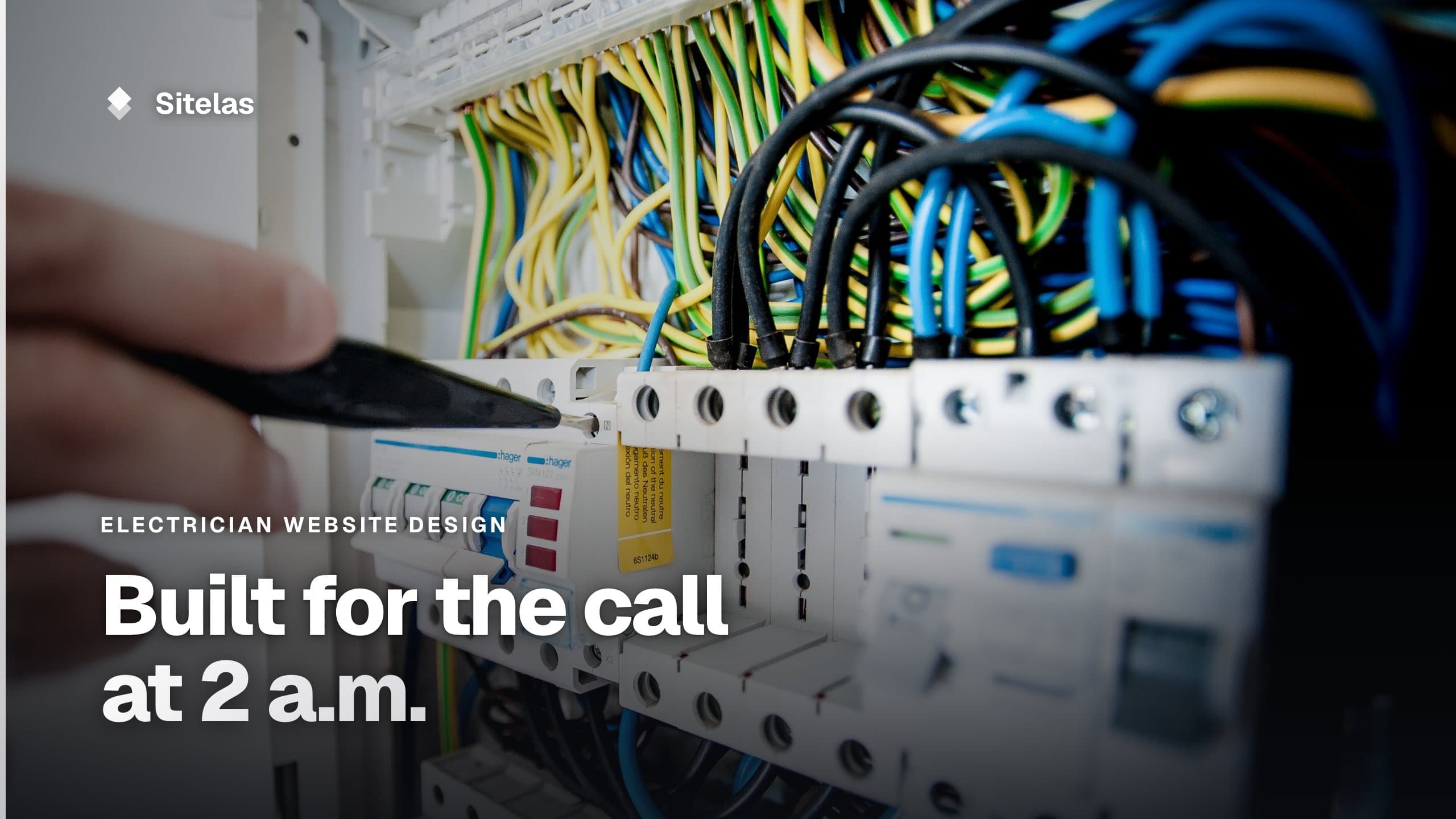 Cover: a screwdriver at a circuit breaker panel full of yellow, green and blue wires, with the headline "Built for the call at 2 a.m."