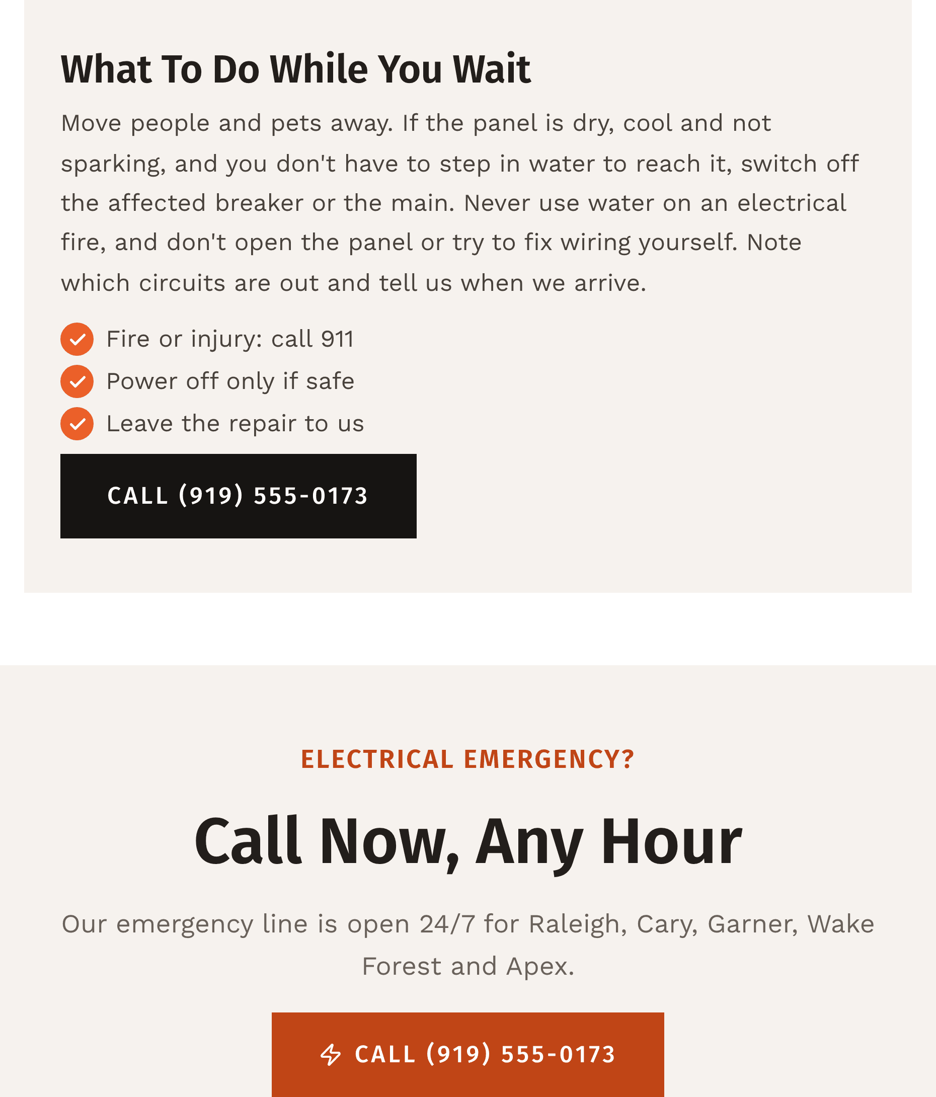 The emergency page on a phone: "What to do while you wait", with advice to move people away, switch off the breaker only if the panel is dry and safe, never use water on an electrical fire, then a "Call now, any hour" band with the emergency number