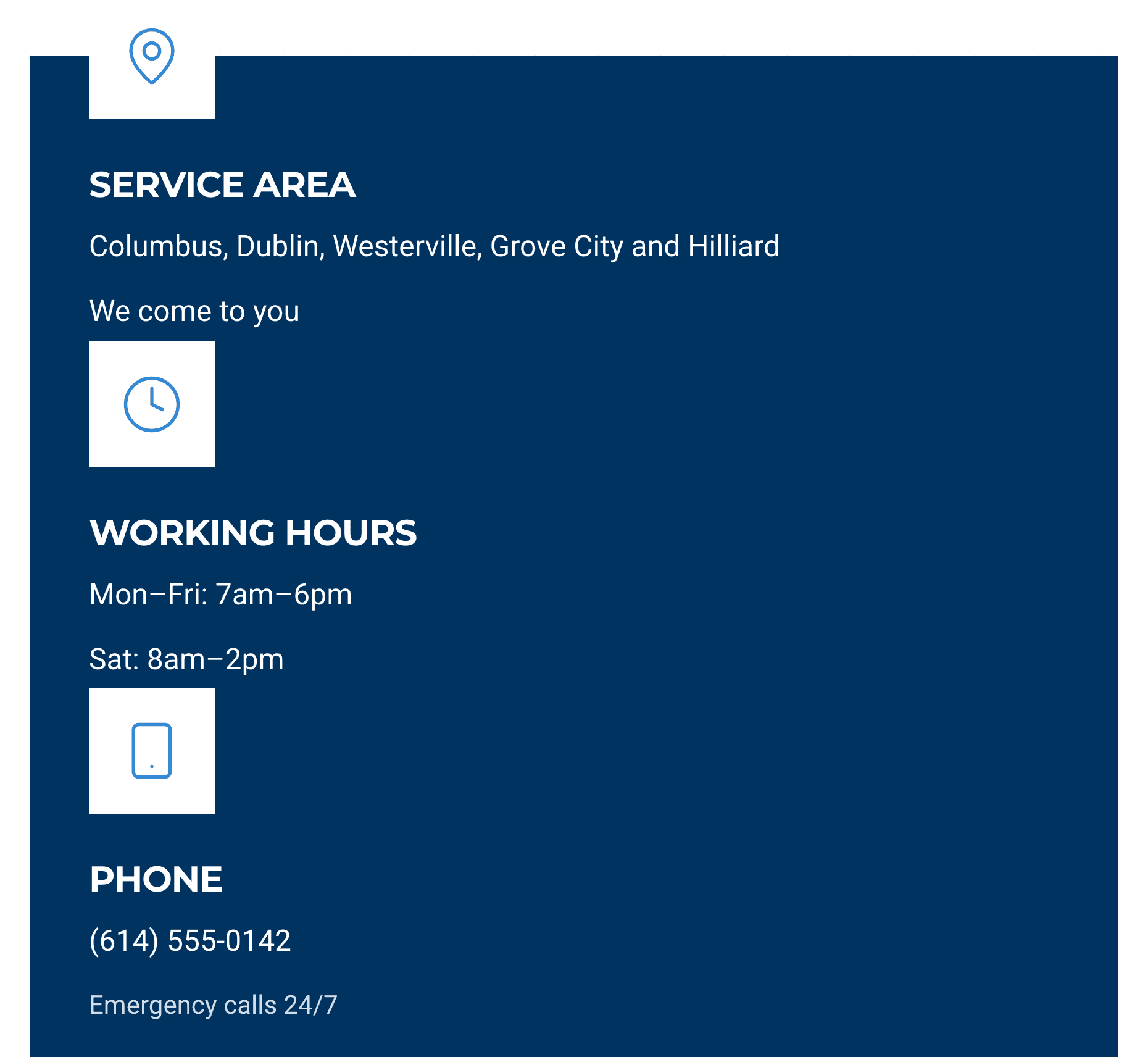 The Halvorsen Plumbing & Drain preview on a phone: a navy panel listing the service area (Columbus, Dublin, Westerville, Grove City and Hilliard, "We come to you"), working hours Mon–Fri 7am–6pm and Sat 8am–2pm, and the phone number (614) 555-0142 with "Emergency calls 24/7"