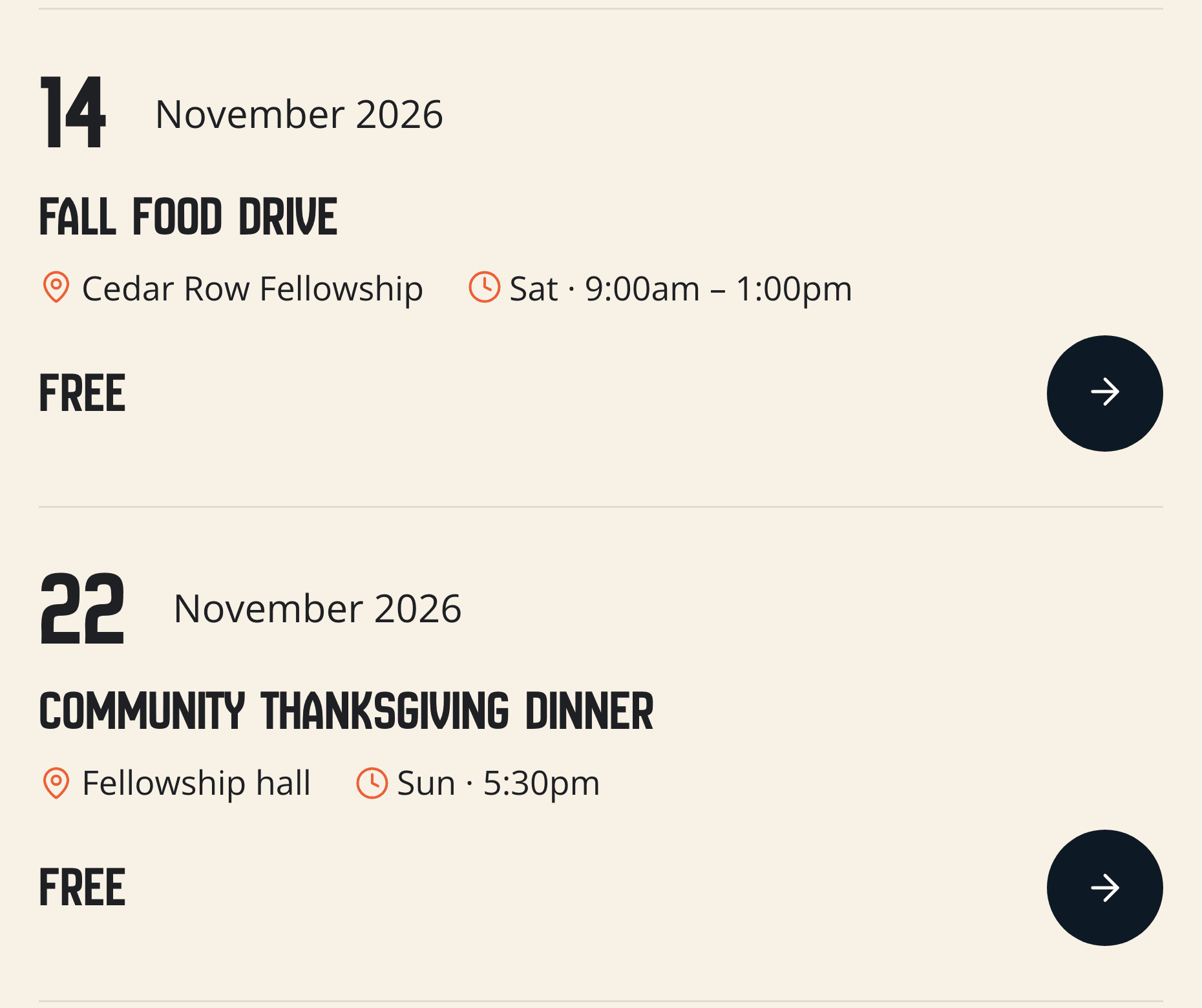 The Cedar Row events page on a phone: the Fall Food Drive on November 14, then the Community Thanksgiving Dinner on November 22, Sunday at 5:30pm, in the fellowship hall