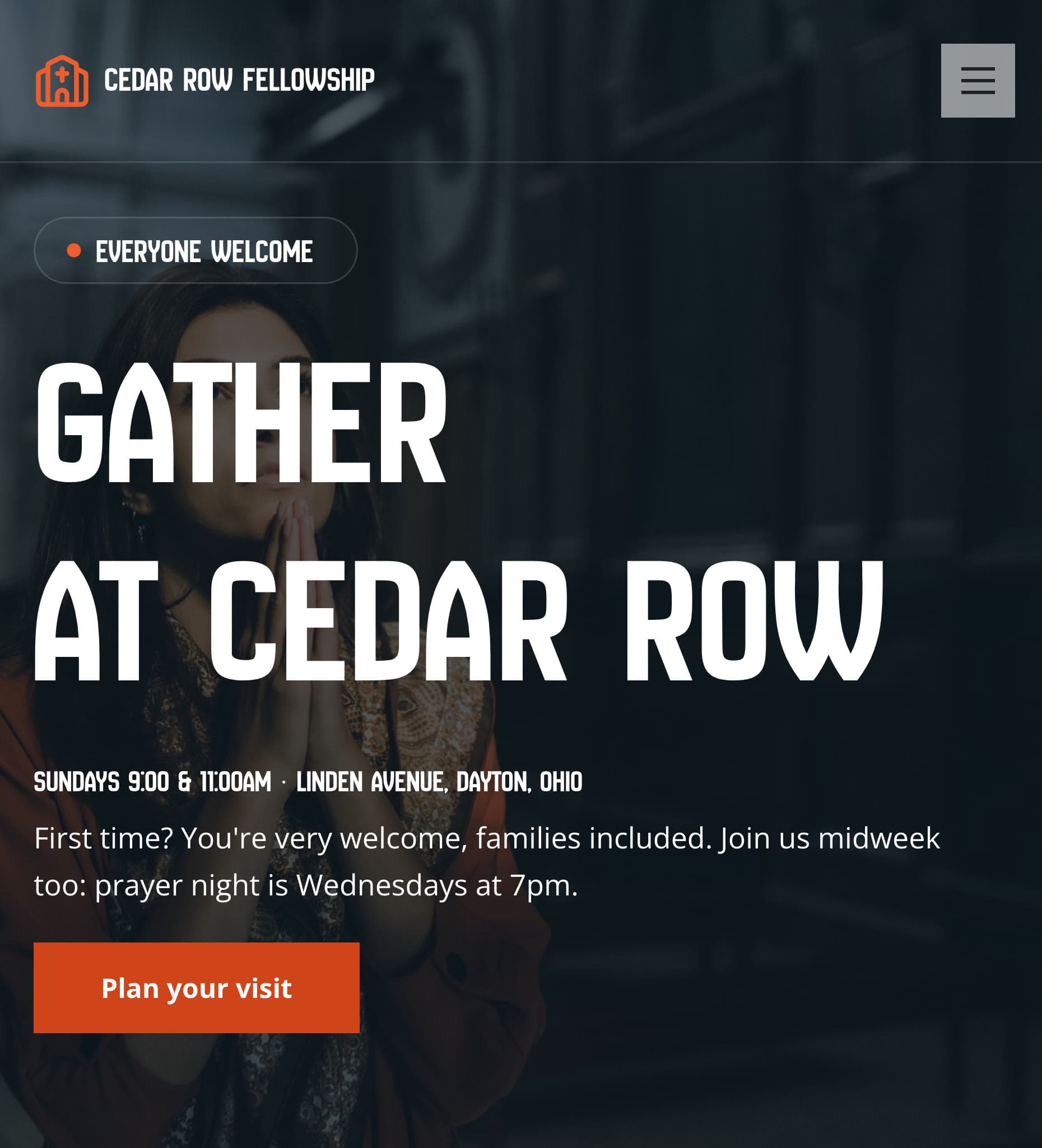 The Cedar Row Fellowship home page on a phone: the headline "Gather at Cedar Row", the line "Sundays 9:00 & 11:00am · Linden Avenue, Dayton, Ohio", a welcome for first-time visitors and families, and a Plan your visit button