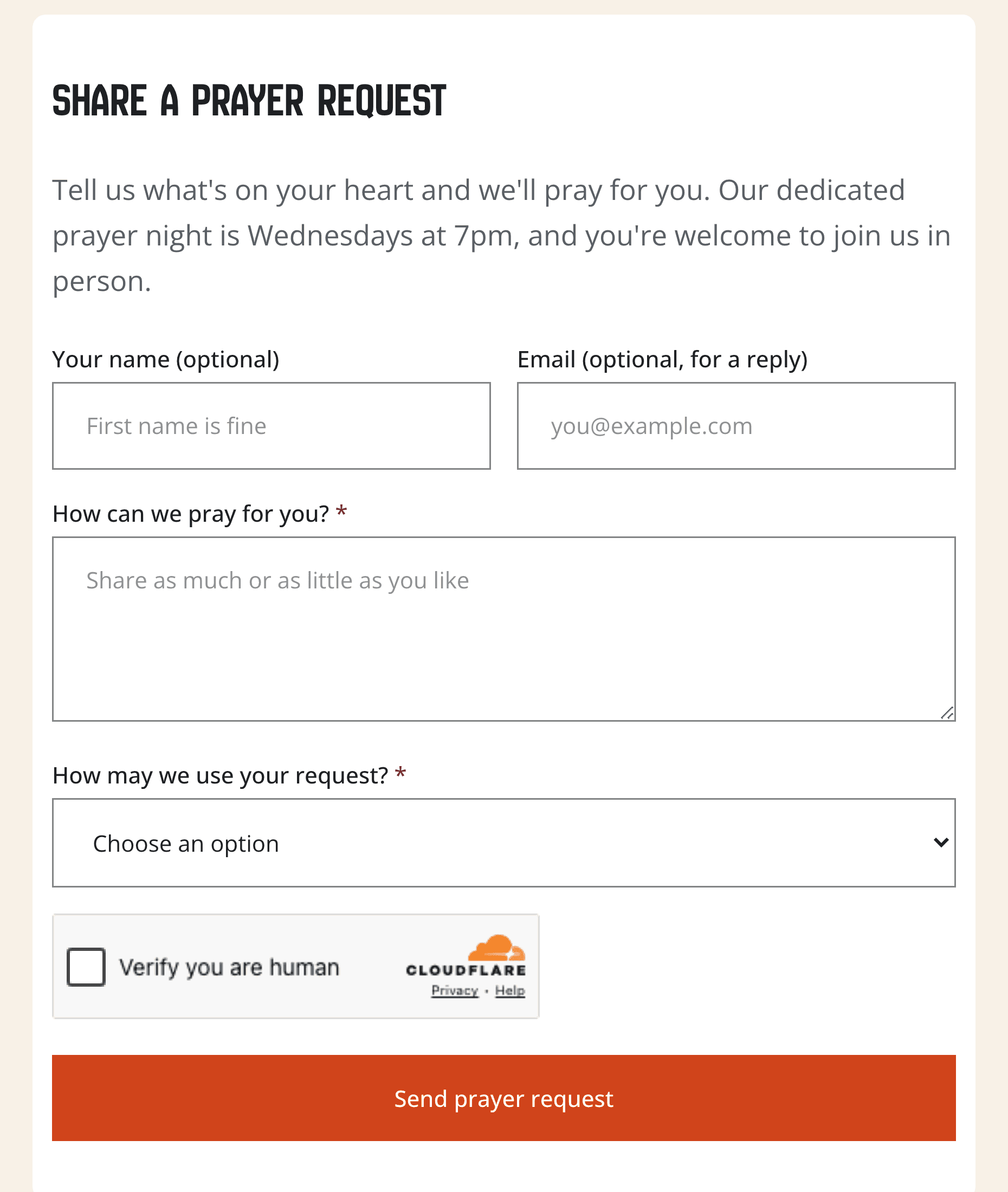 The prayer request form on a phone: optional name and email, a box for the request, a required choice of how the request may be used, and a Send prayer request button