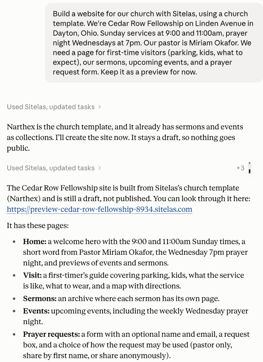 A claude.ai chat: the request to build a church website for Cedar Row Fellowship with service times, a first-time visitor page, sermons, events and a prayer request form, kept as a preview. Claude replies that it used Sitelas's church template, Narthex, that the site is still a draft, and lists the Home, Visit, Sermons, Events and Prayer requests pages