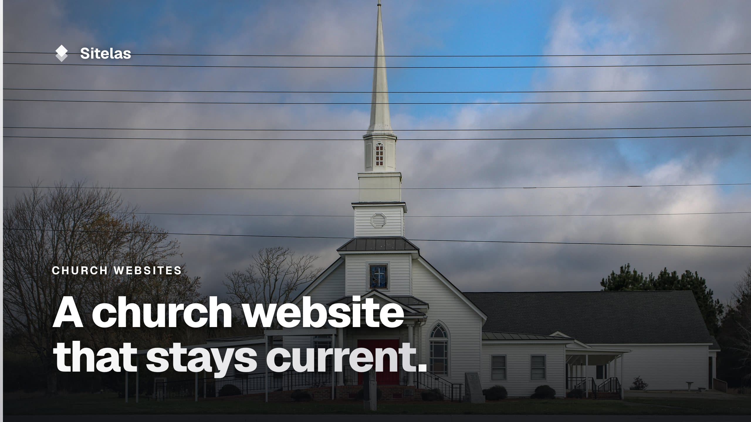 Cover: a white wooden church with a tall steeple and red doors under a cloudy blue sky, with the headline "A church website that stays current."