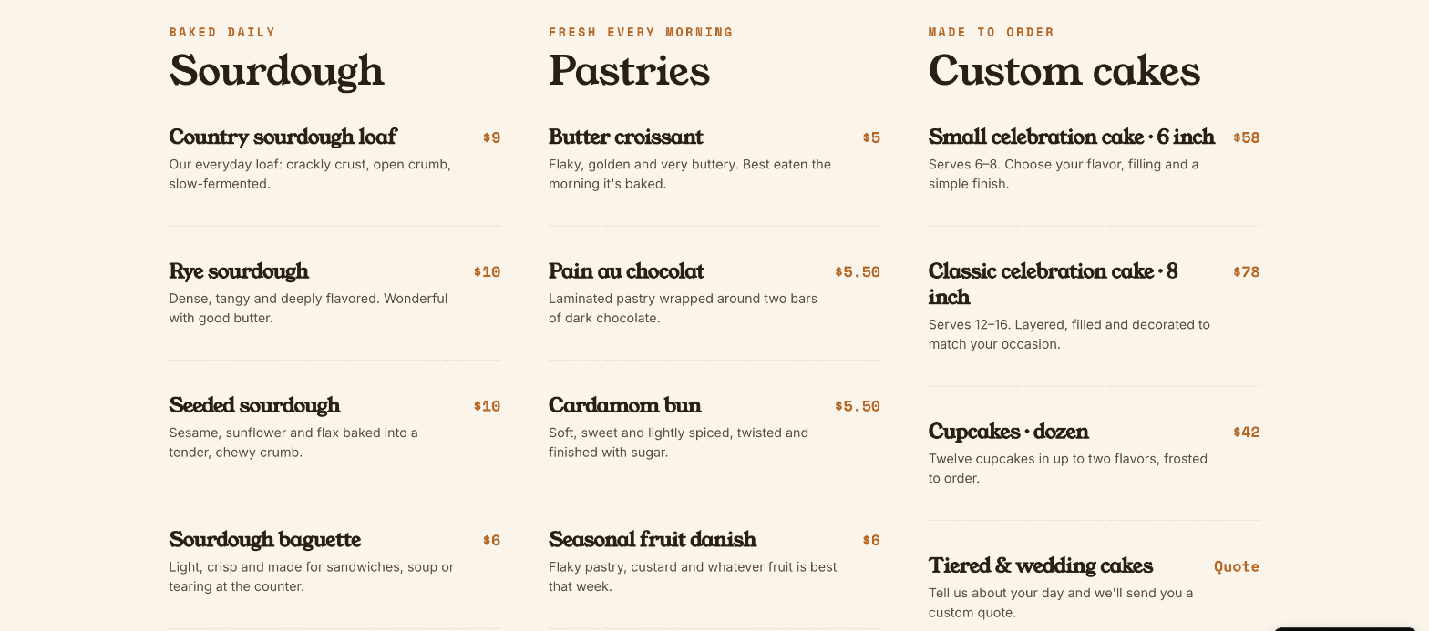 The Rye & Sparrow menu: Sourdough, Pastries and Custom cakes side by side, each item with a short description and a price