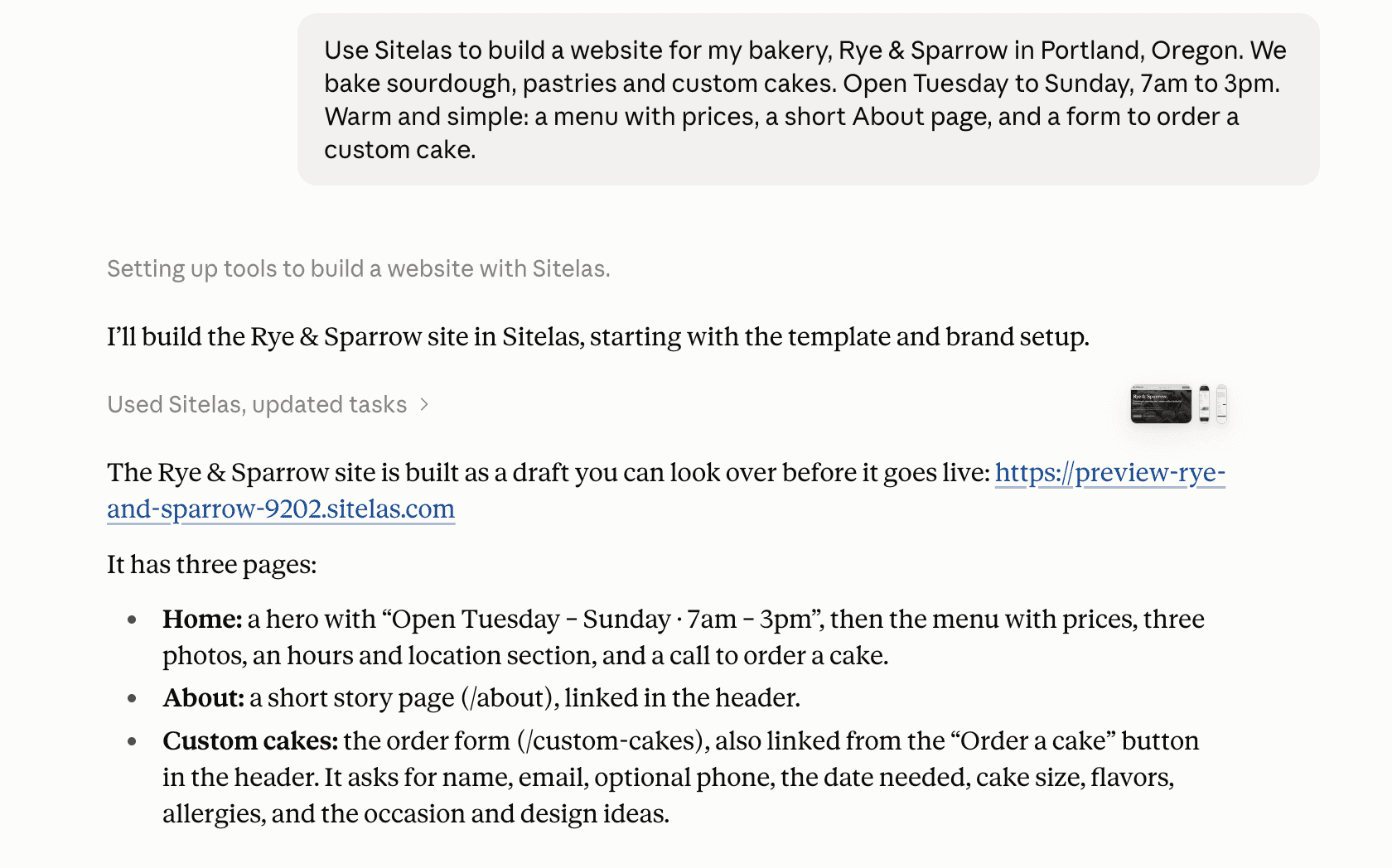 A claude.ai chat: a message asking for a bakery website with a menu, an About page and a cake order form, and Claude's reply that the site is built as a draft with a private preview link and three pages