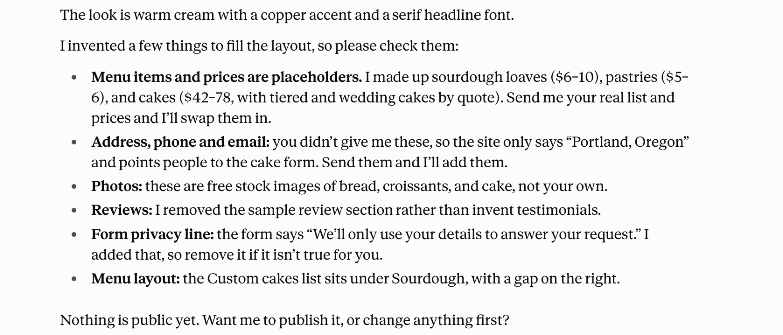 Claude's list of what it invented: menu items and prices, the missing address and phone, stock photos, a removed review section, a form privacy line, and a layout gap in the menu