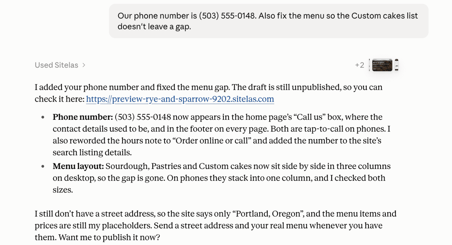 A claude.ai chat: "Our phone number is (503) 555-0148. Also fix the menu so the Custom cakes list doesn't leave a gap." and Claude's reply listing where the number now appears and how the menu was rearranged