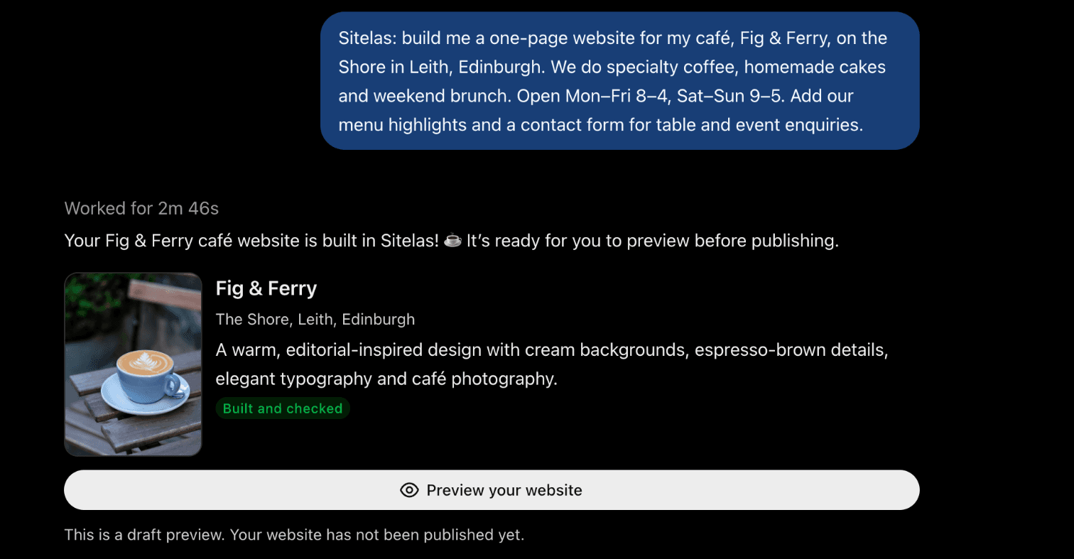 A ChatGPT chat: the owner asks Sitelas for a one-page website for the Fig & Ferry café in Leith, and ChatGPT replies that the site is built, with a card for the site and a Preview your website button.