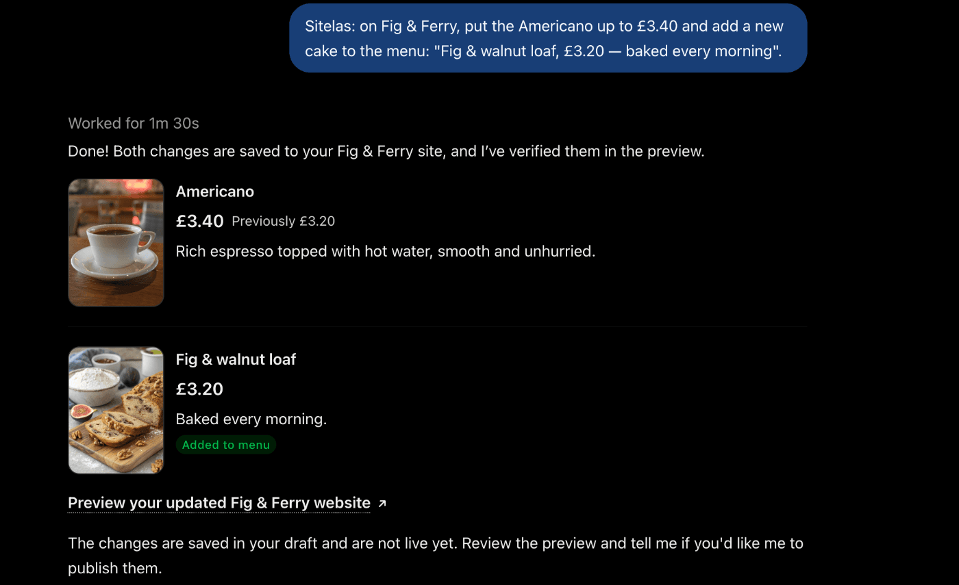 A ChatGPT chat: the owner asks to put the Americano up to £3.40 and add a fig and walnut loaf at £3.20, and ChatGPT confirms both changes with the old and new price and a link to the updated preview.