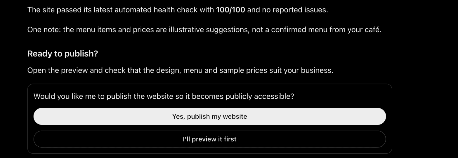 ChatGPT noting that the site passed its health check, that the menu items and prices are only suggestions, and asking whether to publish, with "Yes, publish my website" and "I'll preview it first" buttons.