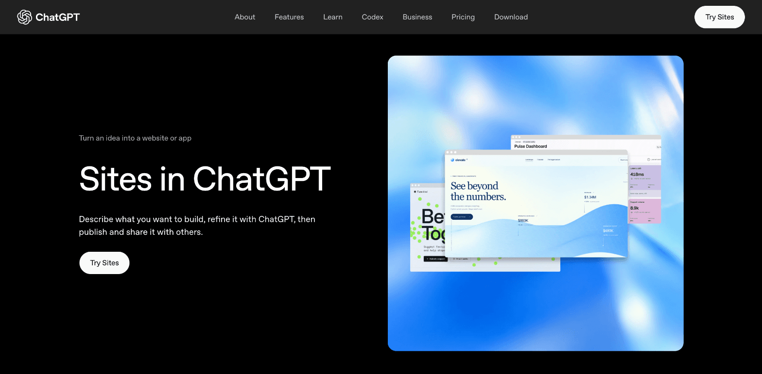 OpenAI's ChatGPT Sites page, headed "Sites in ChatGPT": describe what you want to build, refine it with ChatGPT, then publish and share it.