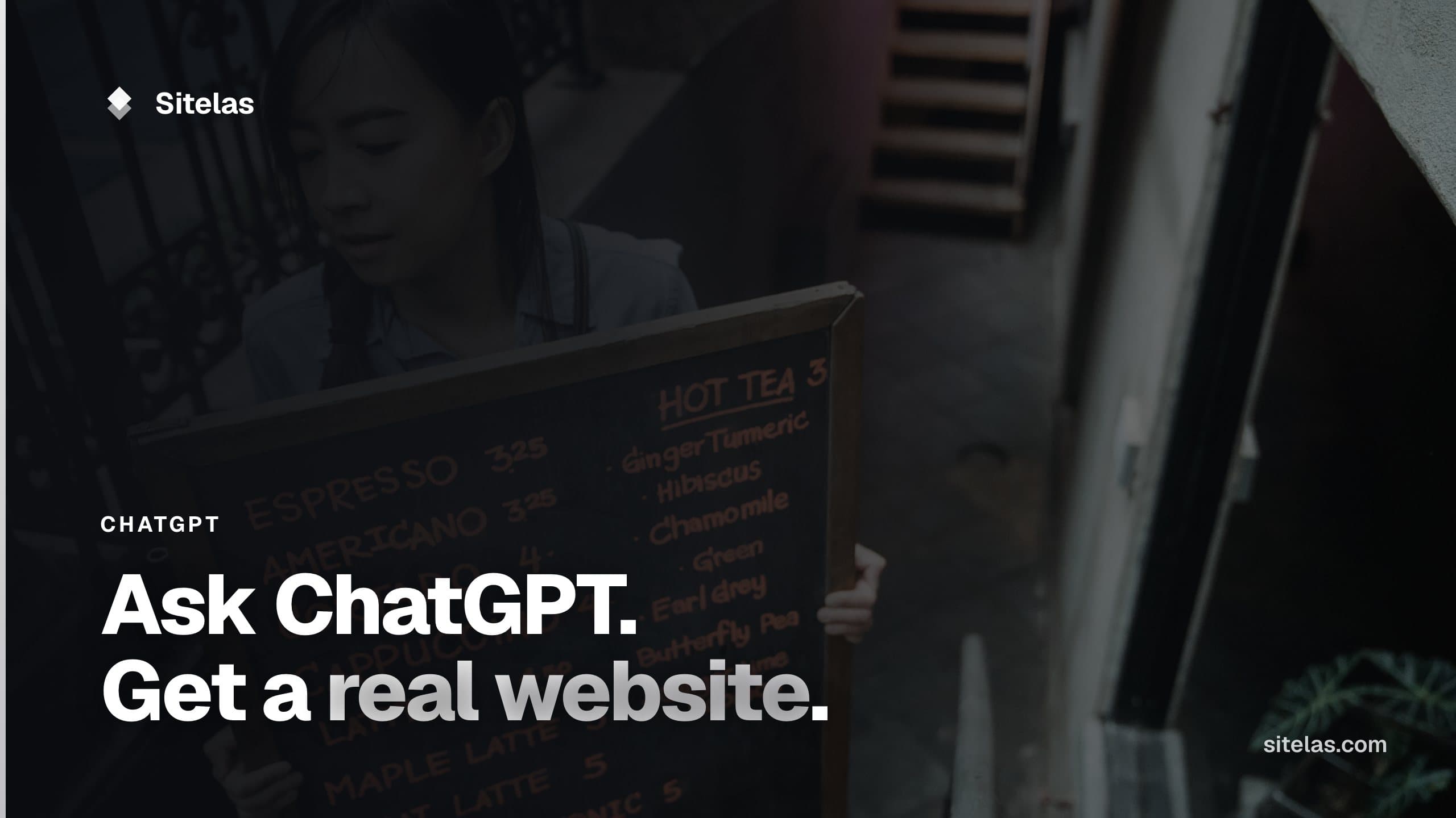 Cover: a barista carrying a chalkboard café menu outside, with the headline "Ask ChatGPT. Get a real website."