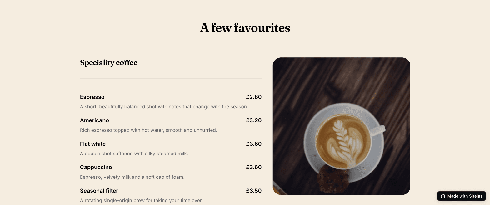 The menu section of the Fig & Ferry website, titled "A few favourites", listing speciality coffees with prices next to a photo of a latte.