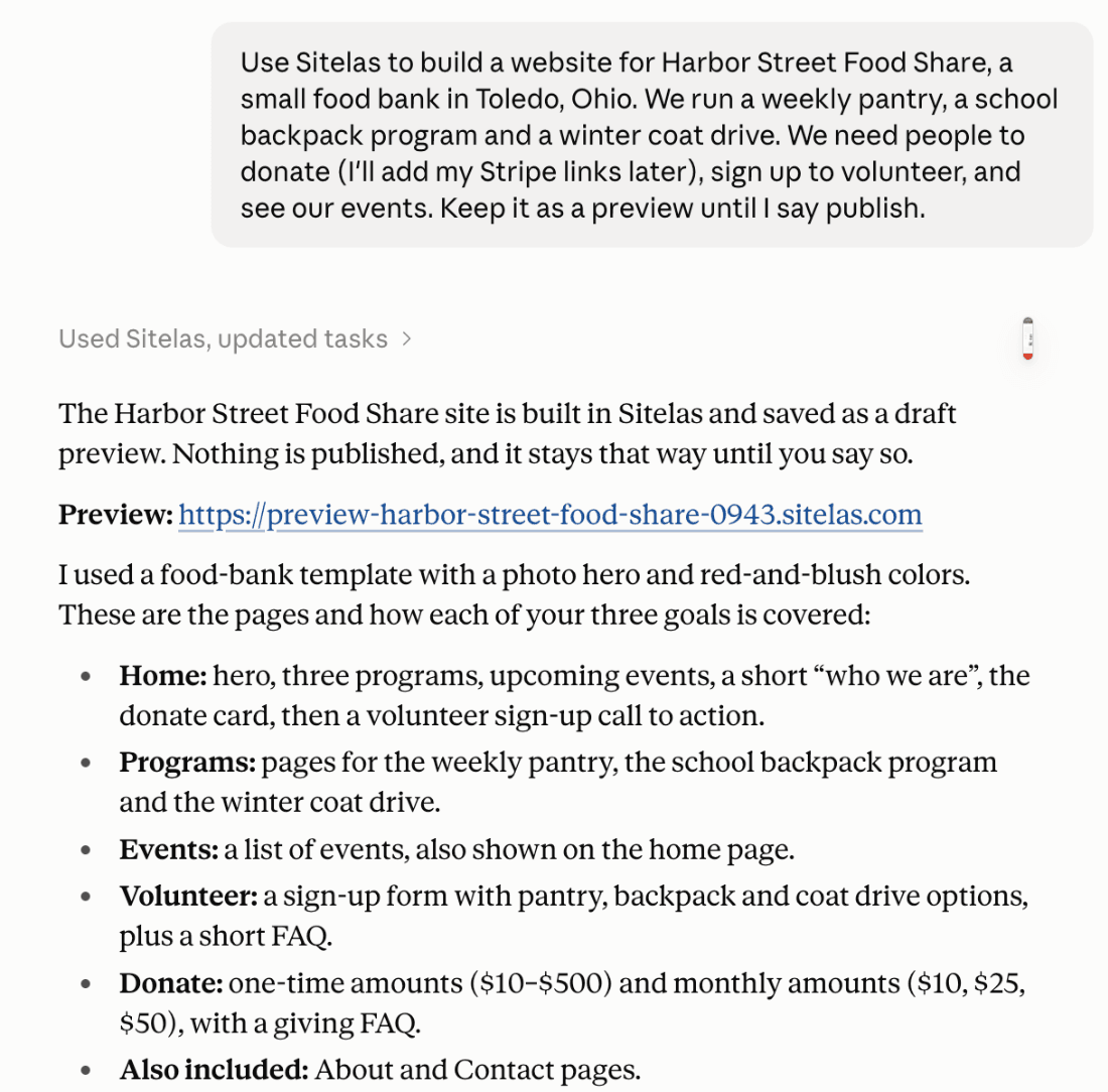A claude.ai chat: the request to build a website for Harbor Street Food Share, a small food bank in Toledo with a weekly pantry, a school backpack program and a winter coat drive, kept as a preview. Claude replies that the site is saved as a draft preview and lists the Home, Programs, Events, Volunteer, Donate, About and Contact pages