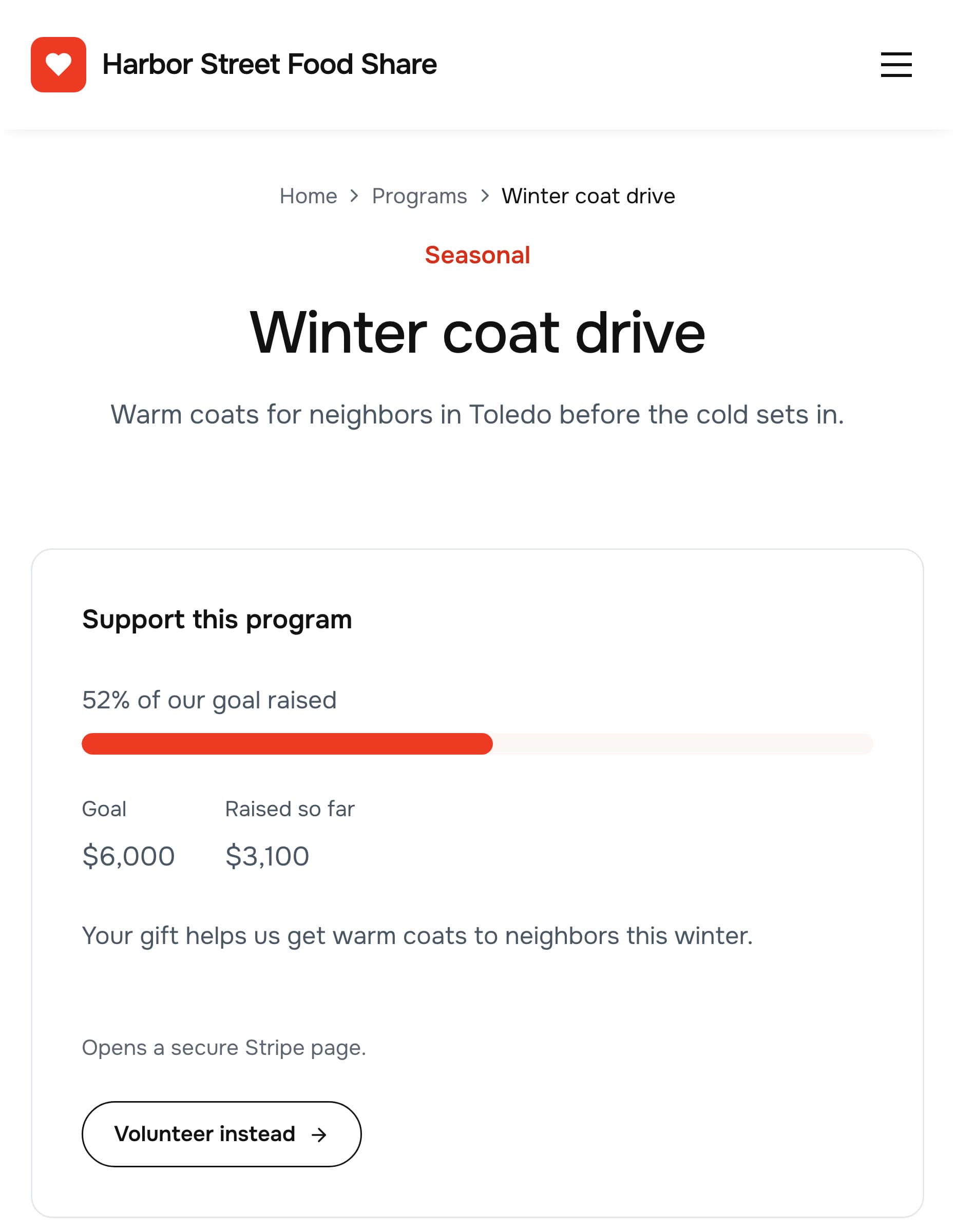 The Winter coat drive page on a phone: a Support this program card reading "52% of our goal raised", a red progress bar just past halfway, Goal $6,000 and Raised so far $3,100