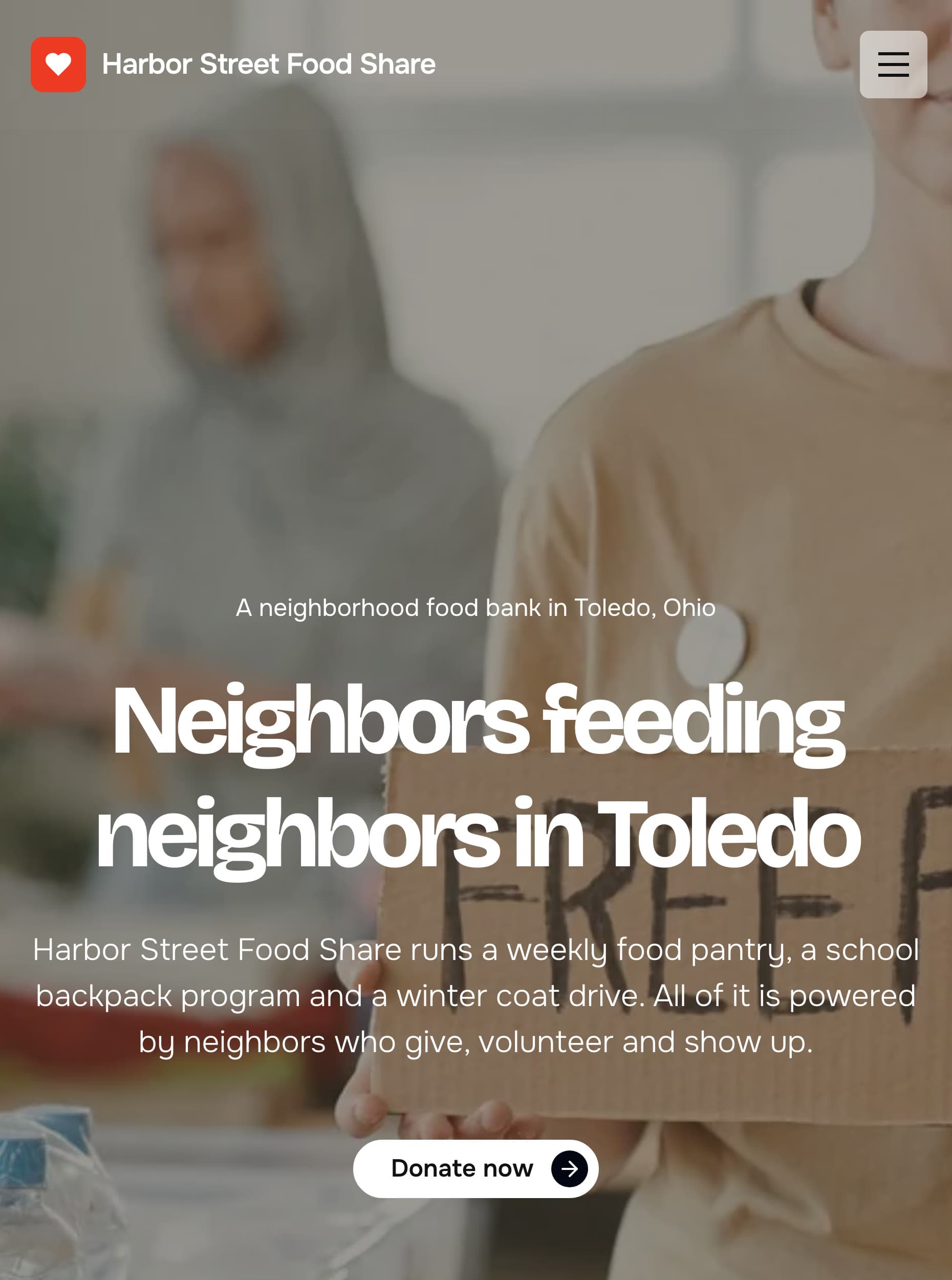 The Harbor Street Food Share home page on a phone: the headline "Neighbors feeding neighbors in Toledo", a line about the weekly pantry, school backpack program and winter coat drive, and a Donate now button