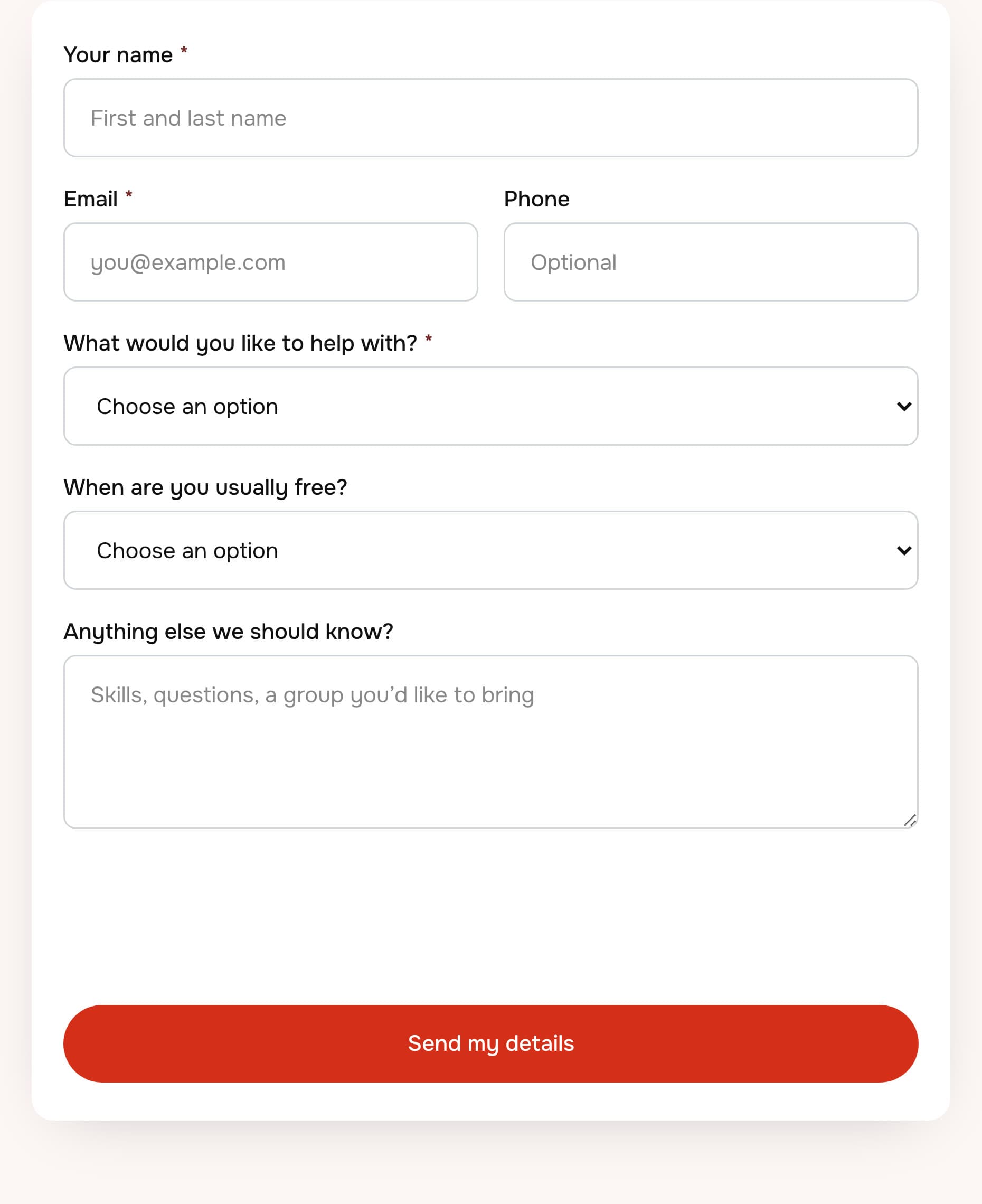 The Harbor Street volunteer sign-up form on a phone: name, email, optional phone, what you'd like to help with, when you're usually free, and a box for anything else, with a Send my details button