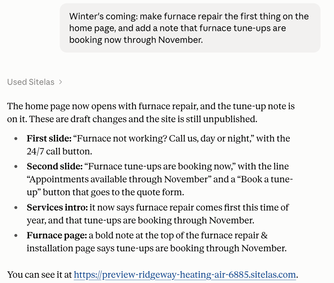 A claude.ai chat: the message "Winter's coming: make furnace repair the first thing on the home page, and add a note that furnace tune-ups are booking now through November." and Claude's reply listing the changes, still unpublished