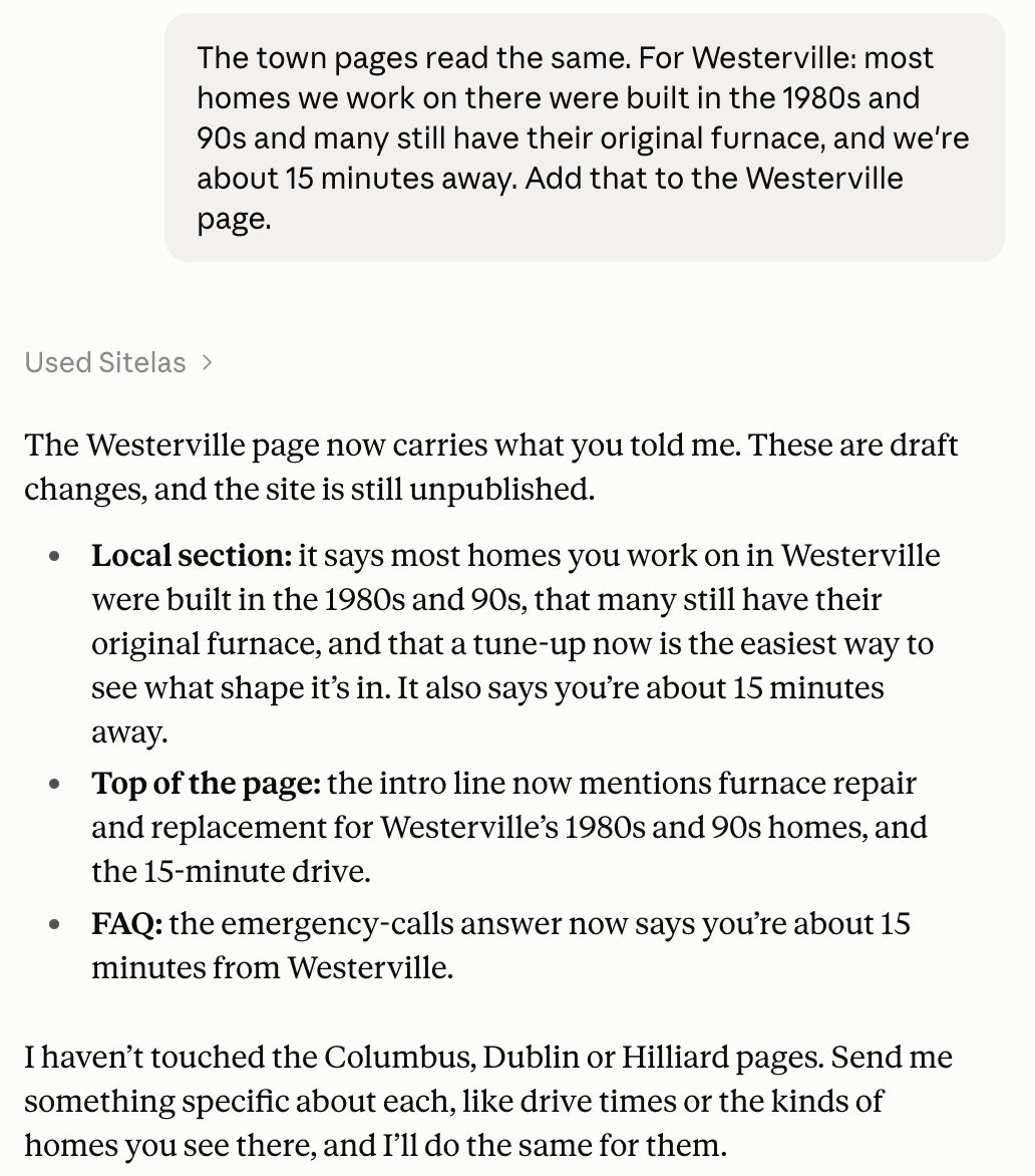 A claude.ai chat: the owner tells Claude that most Westerville homes they work on were built in the 1980s and 90s with original furnaces, about 15 minutes away, and Claude adds it to the Westerville page