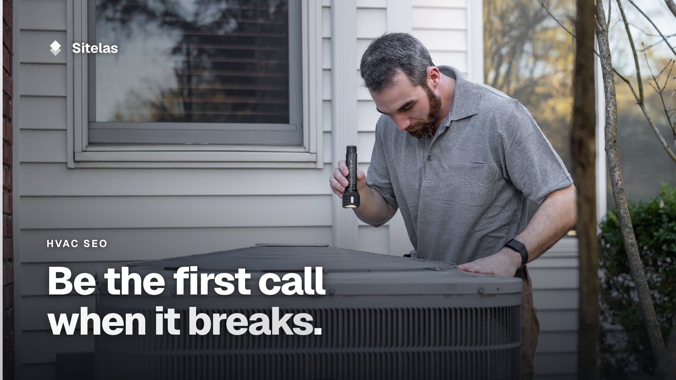 Cover: an HVAC technician with a flashlight inspecting an outdoor AC unit beside a house, with the headline "Be the first call when it breaks."