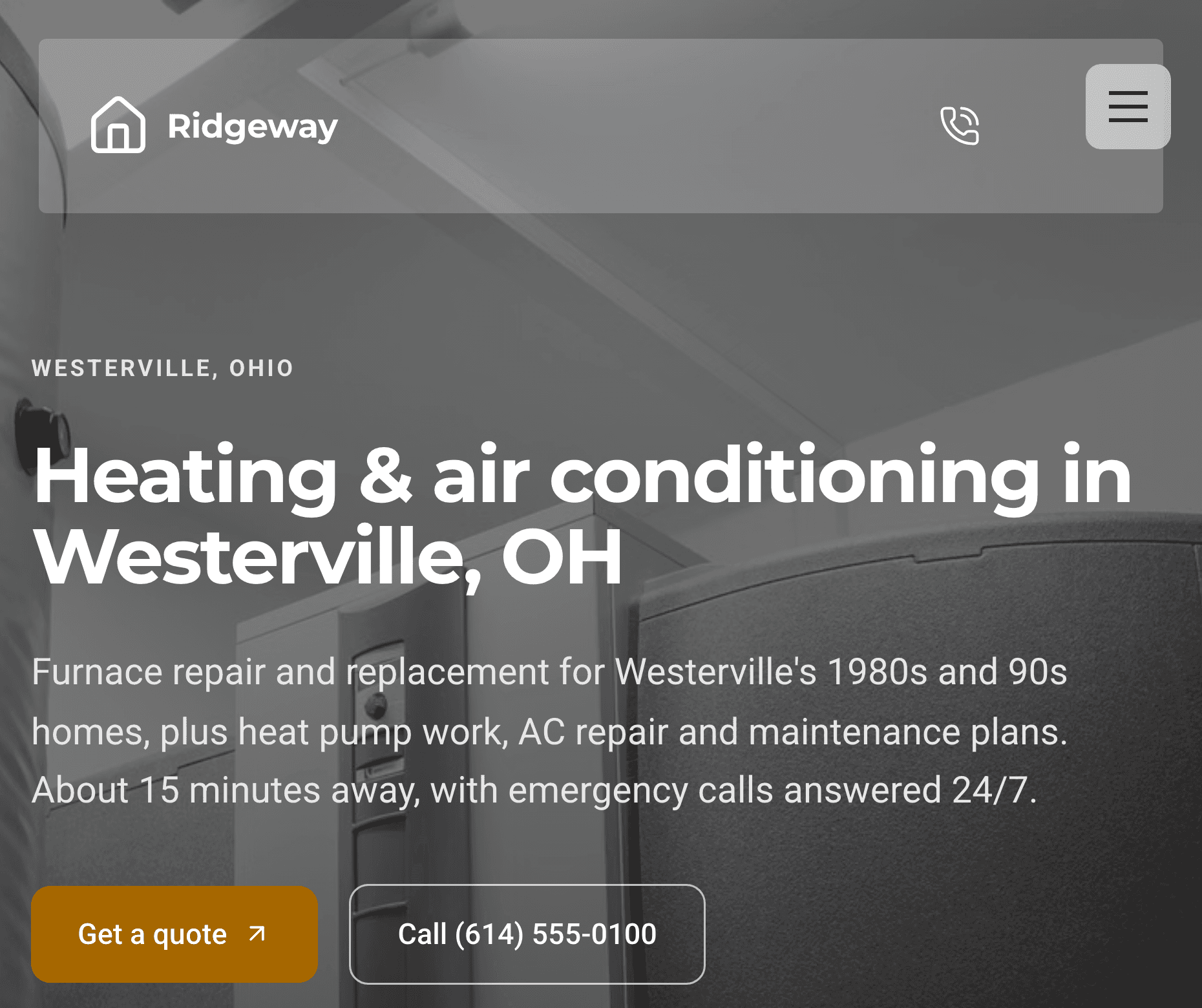 The top of the Ridgeway Westerville page on a phone: "Heating & air conditioning in Westerville, OH", then "Furnace repair and replacement for Westerville's 1980s and 90s homes", with Get a quote and Call buttons